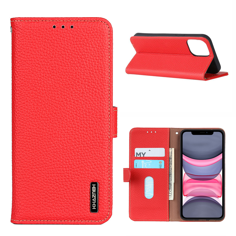 

KHAZNEH Stand Case for iPhone 12 mini Litchi Texture Top Layer Genuine Leather Shell - Red, iPhone 12 mini