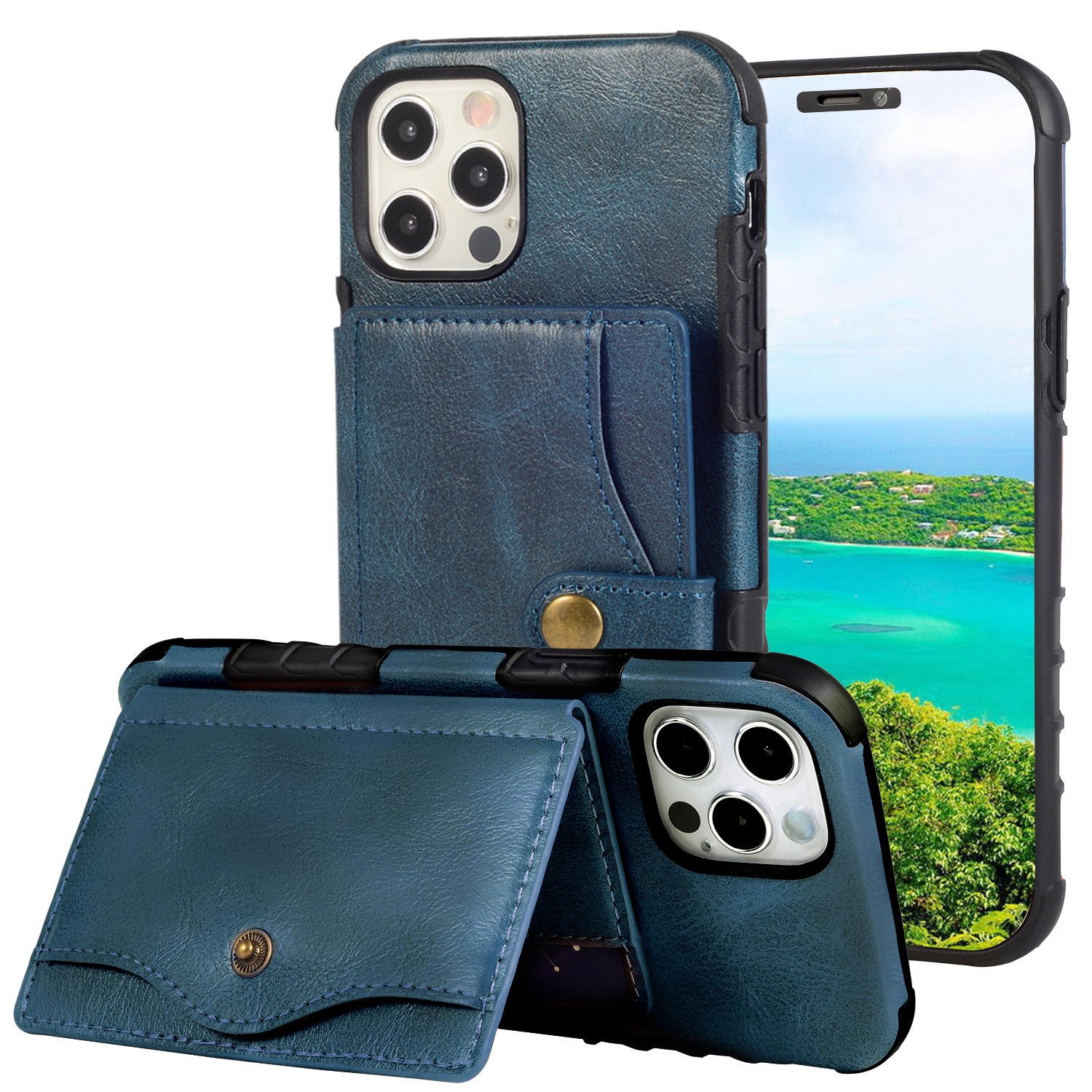

PU Leather + TPU Kickstand Card Slot Design Phone Case with Strap for iPhone 12 Mini - Blue, iPhone 12 mini