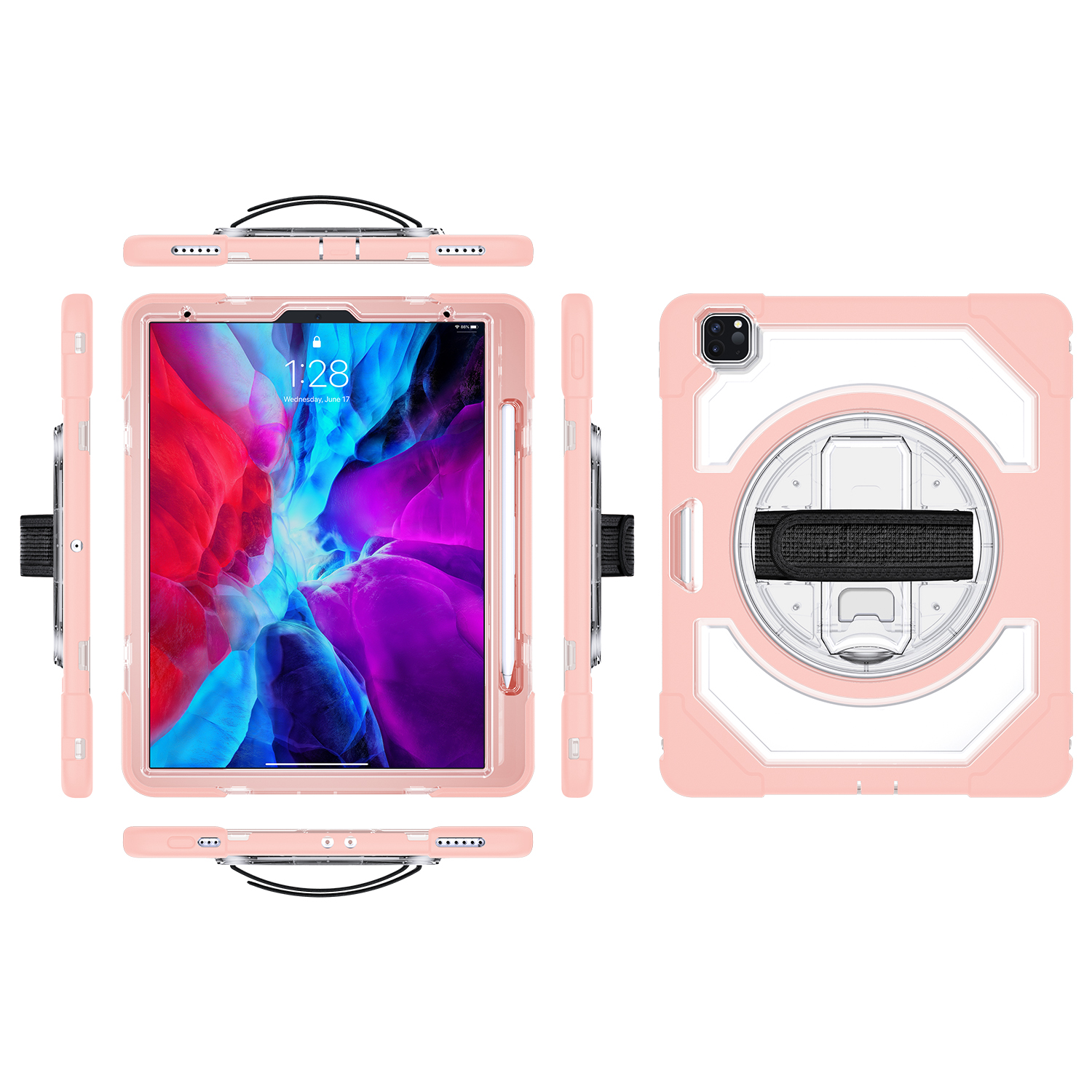 

Thicken Kickstand for iPad Pro 12.9-inch (2021) (2020)/(2018) Clear PC Silicone Hybrid Case with Adjustable Strap - Pink, iPad Pro 12.9-inch (2021)