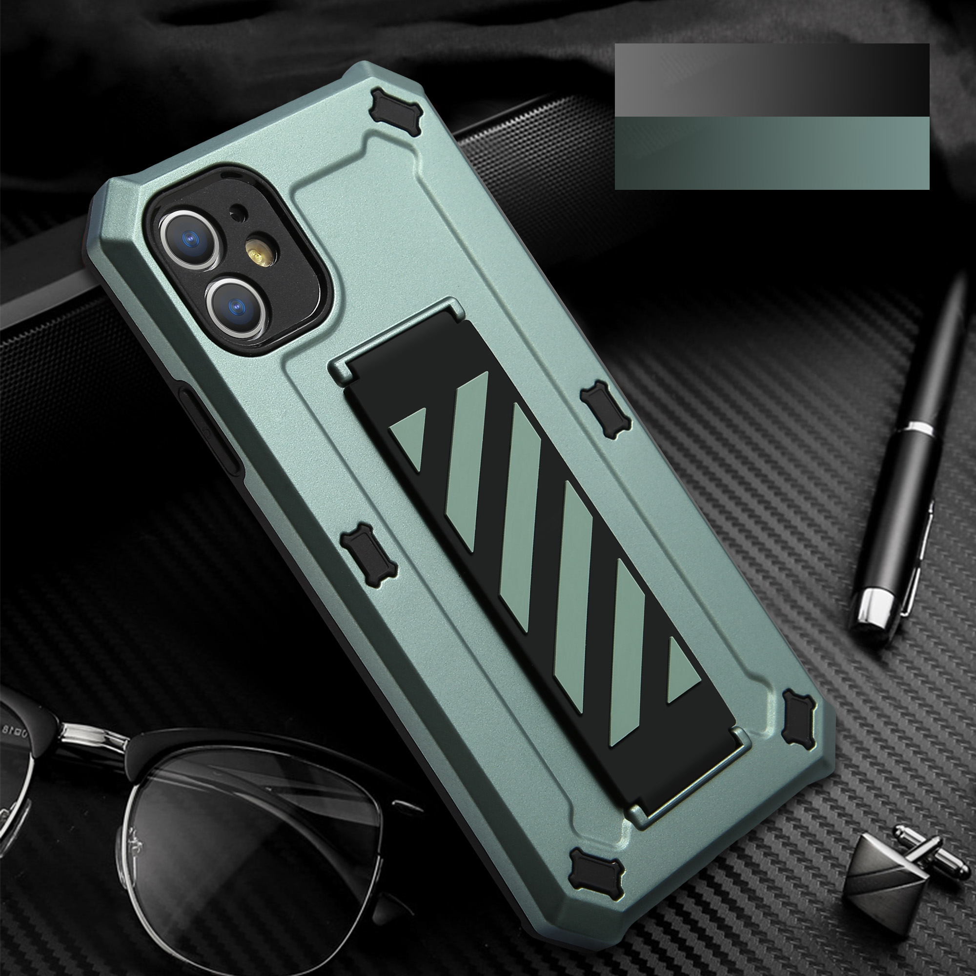 

TPU + PC Hybrid Phone Case Cover with Kickstand for iPhone 12 - Green, iPhone 12