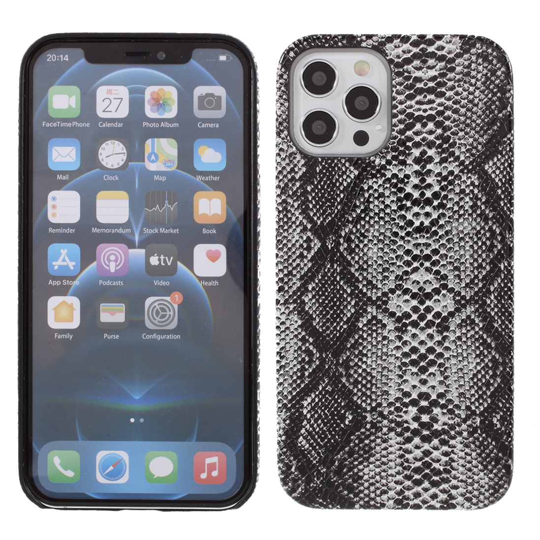 

Snake Texture PU Leather Coated Hard PC Phone Case for iPhone 12 Pro/iPhone 12 - Black, iPhone 12