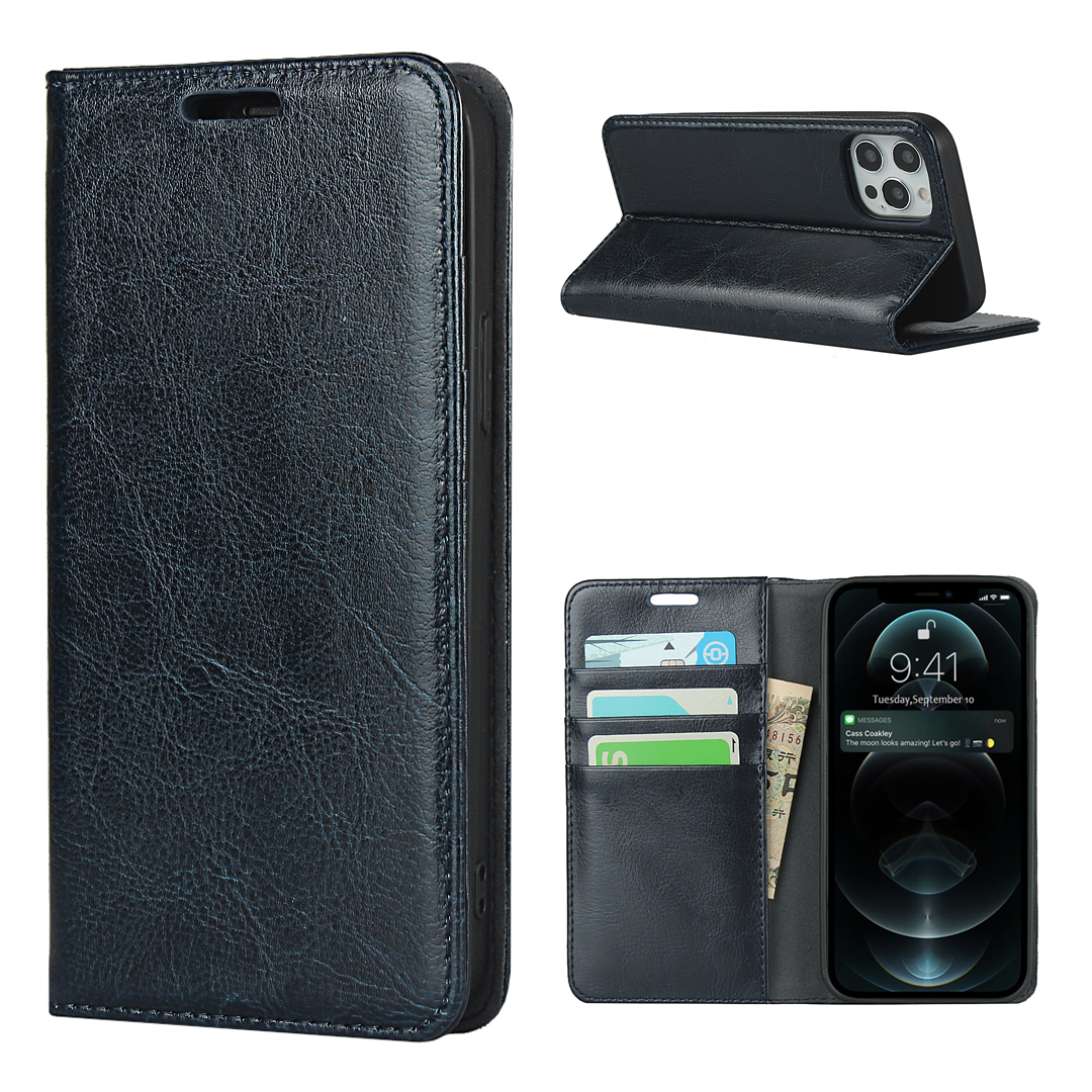 

Crazy Horse Genuine Leather Wallet Stand Case Cover for iPhone 12 Pro Max - Dark Blue, iPhone 12 Pro Max