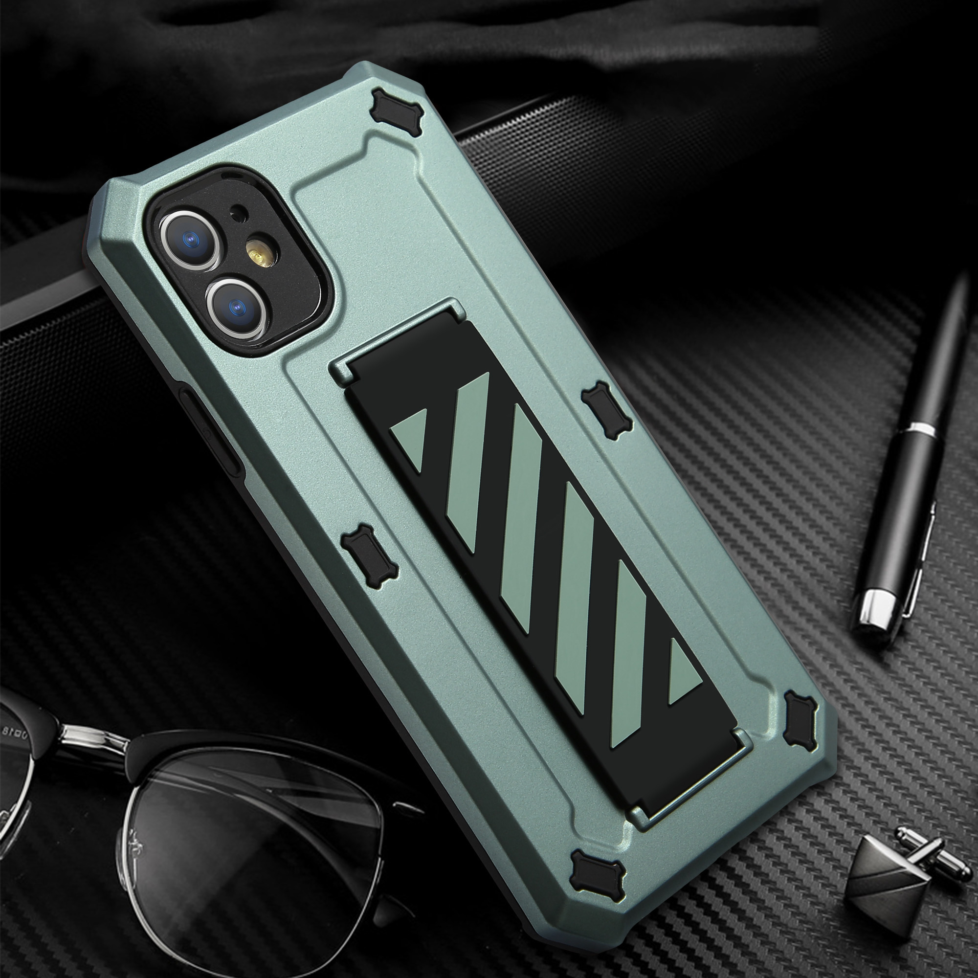 

Устойчивый К Пастбищему Устойчивому TPU + PC Hybrid Caper Cource Cource С Kicstange Для IPhone 11 Pro - Зеленый, iPhone 11 Pro 5.8 inch
