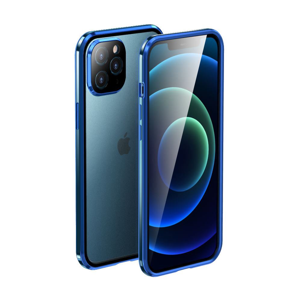 

LUPHIE Magnetic Installation Metal Frame with Back Side Tempered Glass Case for iPhone 12 Pro Max - Blue, iPhone 12 Pro Max