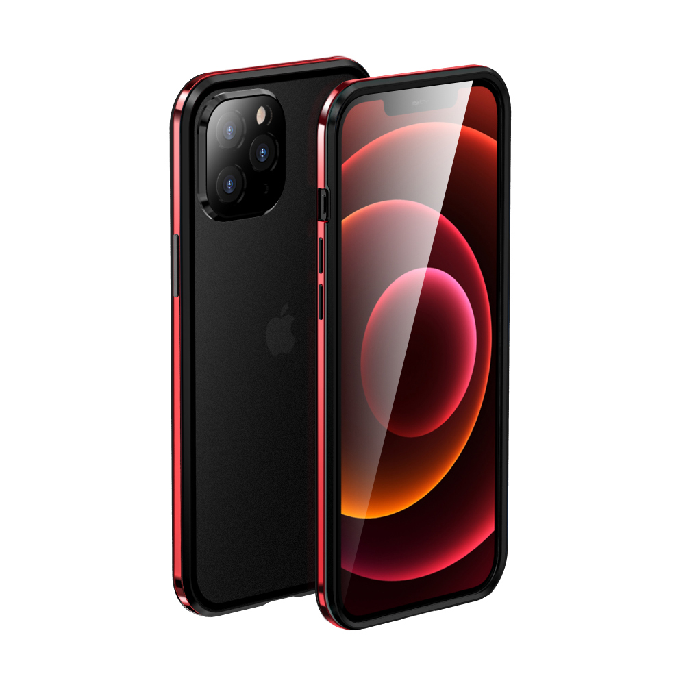 

LUPHIE Magnetic Installation Metal Frame with Back Side Tempered Glass Case for iPhone 12 Pro Max - Red/Black, iPhone 12 Pro Max