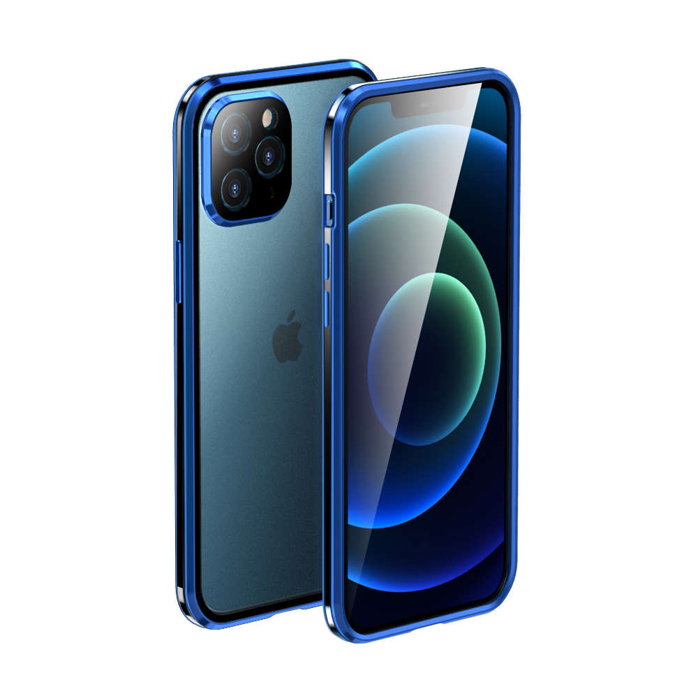 

LUPHIE Magnetic Installation Metal Frame with Back Side Tempered Glass Case for iPhone 12 Pro Max - Blue/Black, iPhone 12 Pro Max