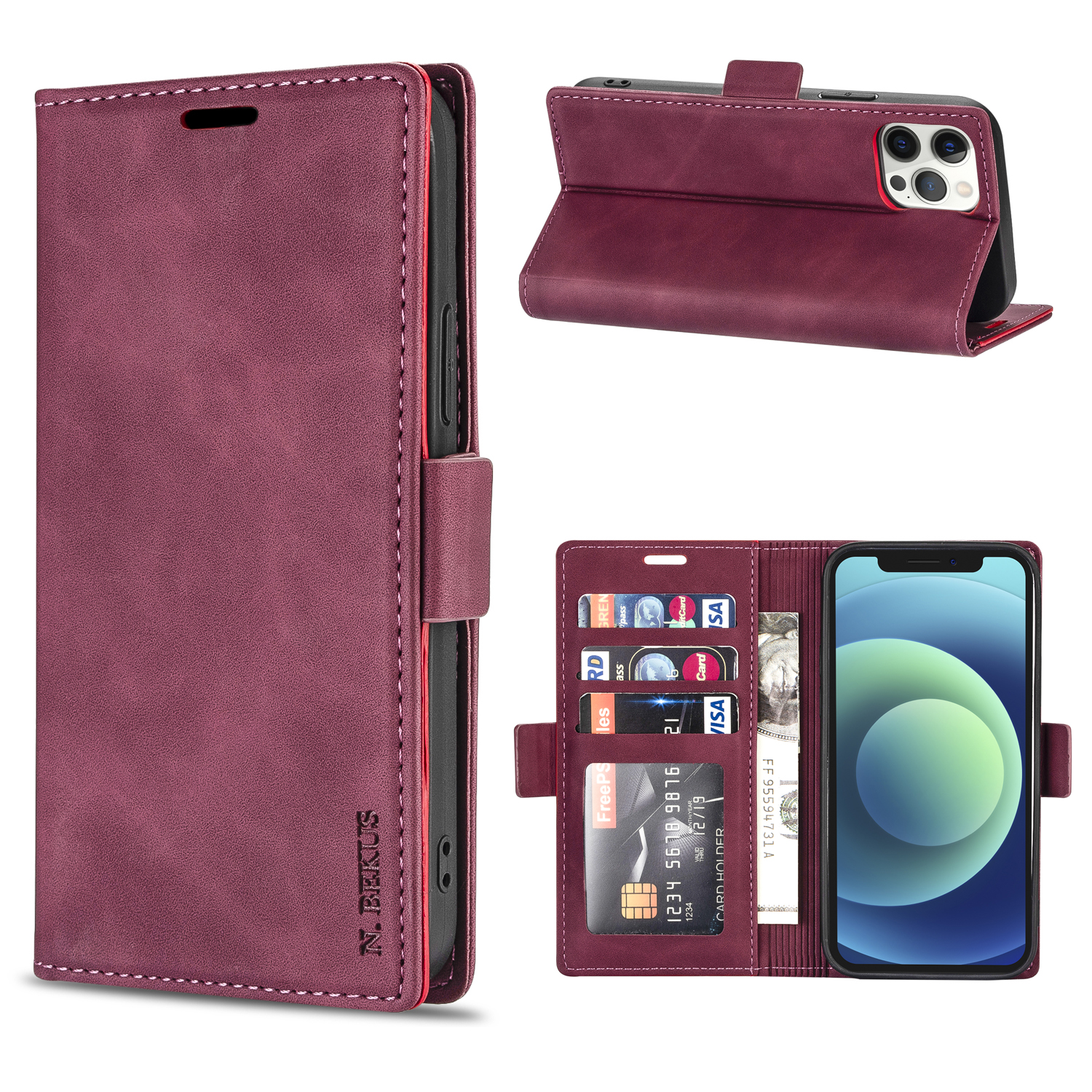 

N.BEKUS TPU + PU Leather Wallet Stand Phone Protective Case for iPhone 12 Pro Max - Wine Red, iPhone 12 Pro Max