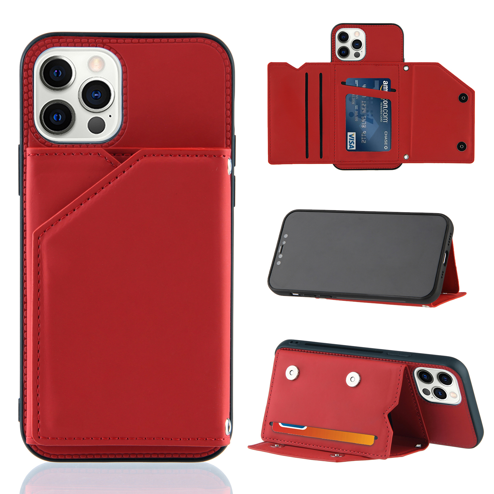 

Слоты Для Ударов Стойки Для Карт TPU + PU Кожаные Телефонные Оболочки Для IPhone 12/12 Pro - Красный, iPhone 12