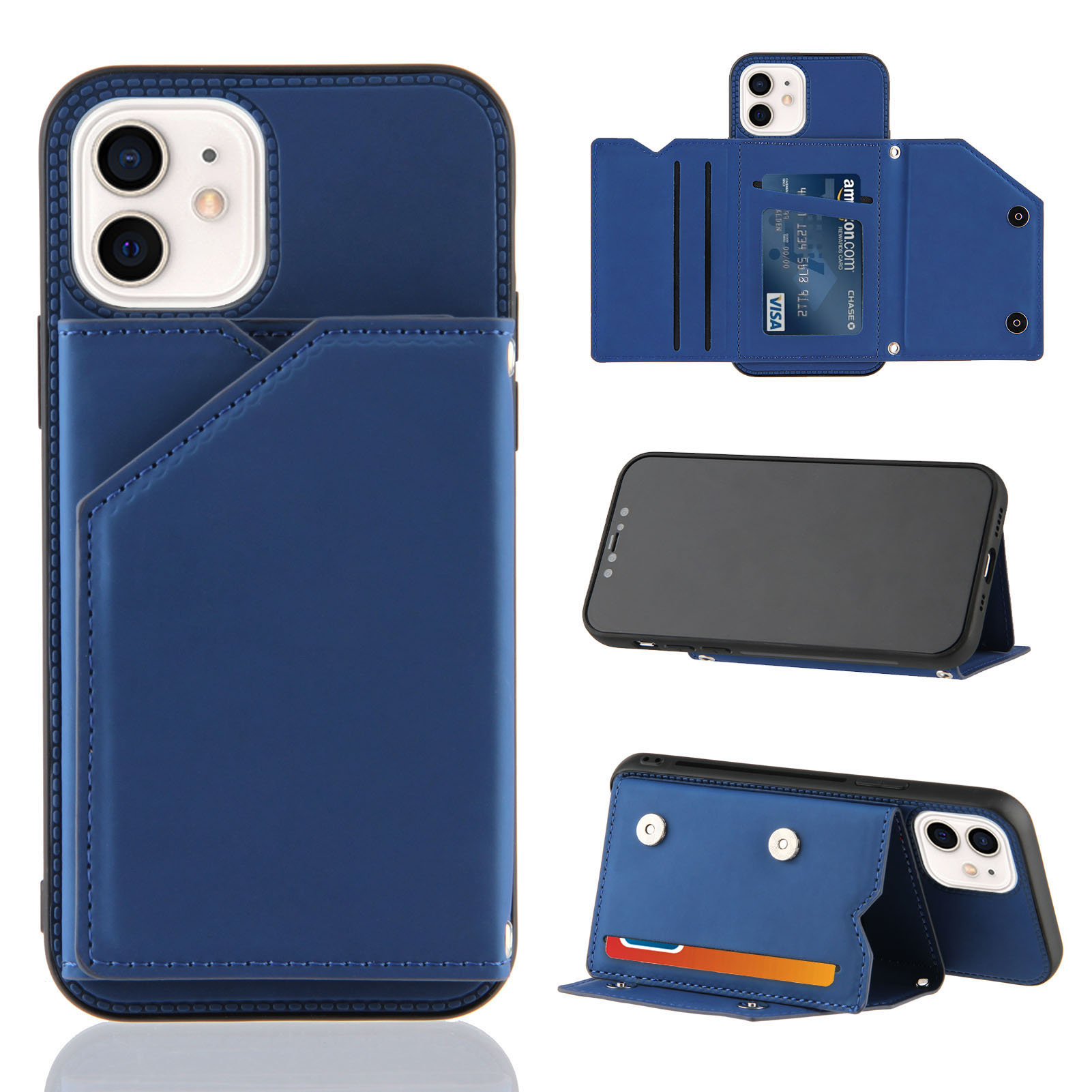 

Слоты Для Ударов Стойки Для Карт TPU + PU Кожаные Телефонные Оболочки Для IPhone 12/12 Pro - Синий, iPhone 12