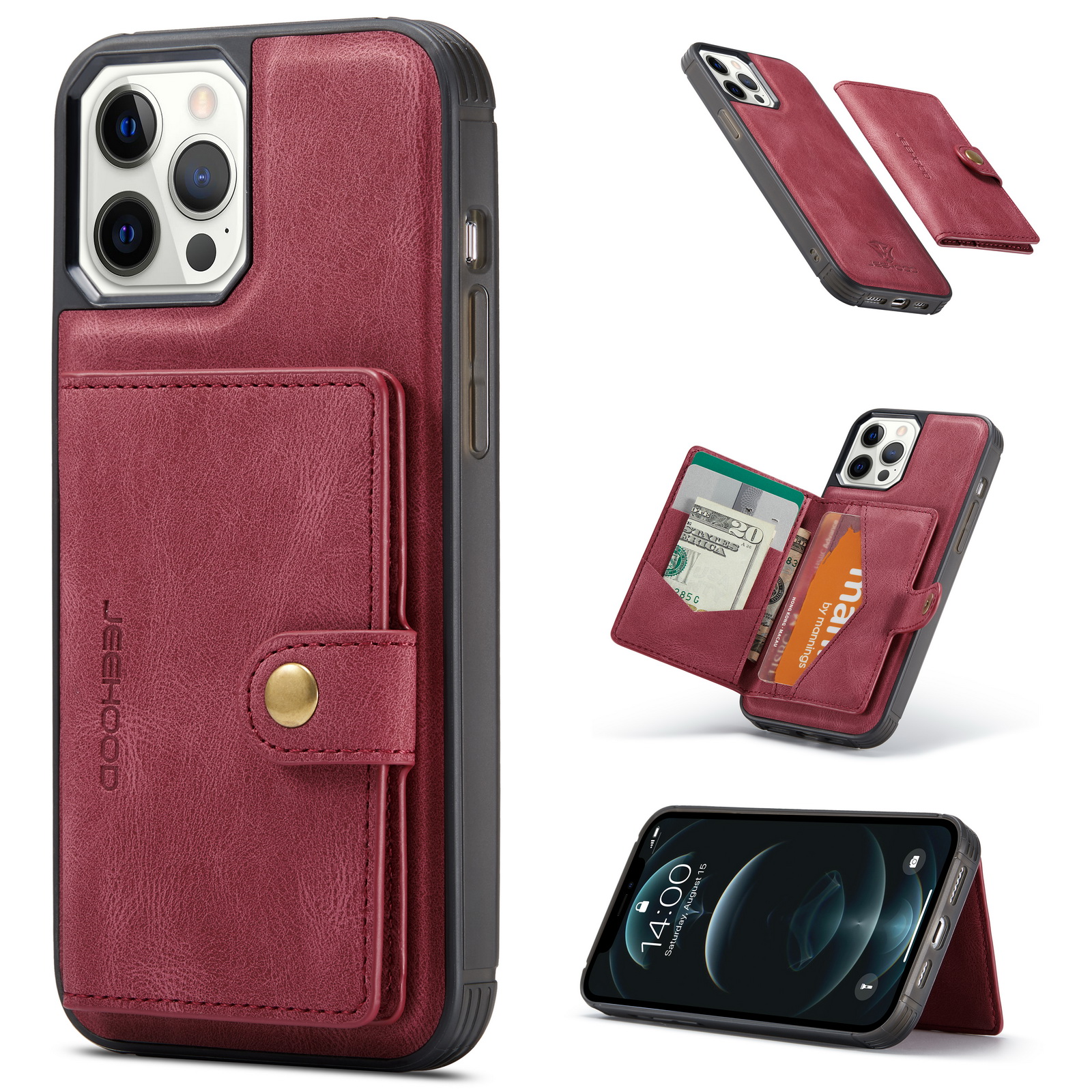 

JEEHOOD Detachable Magnetic Wallet Leather Skin TPU Case for iPhone 12 Pro Max - Red, iPhone 12 Pro Max