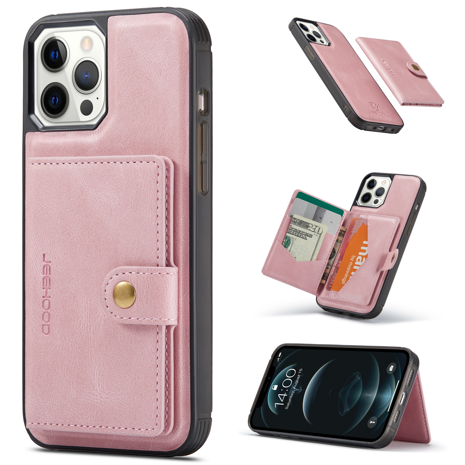 

JEEHOOD Detachable Magnetic Wallet Leather Skin TPU Case for iPhone 12 Pro Max - Rose Gold, iPhone 12 Pro Max