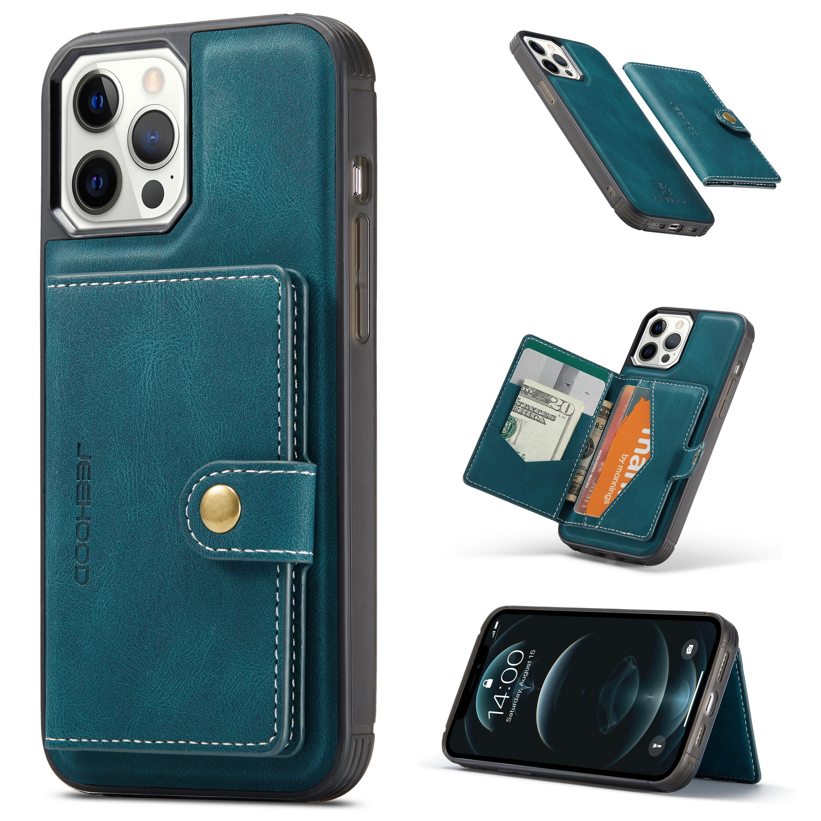 

JEEHOOD Detachable Magnetic Wallet Leather Coated TPU Case for iPhone 12 Pro/12 - Green, iPhone 12 Pro