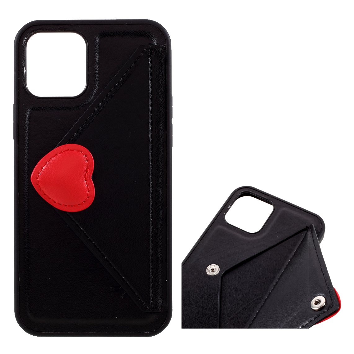 

Heart Decor Envelope Shaped Leather+Plastic+TPU Phone Case with Card Slot for iPhone 12 Pro / iPhone 12 - Black, iPhone 12 Pro