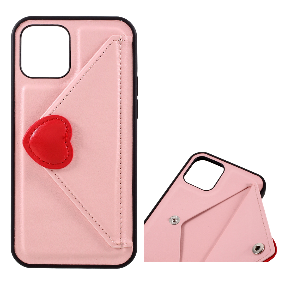 

Heart Decor Envelope Shaped Leather+Plastic+TPU Phone Case with Card Slot for iPhone 12 Pro Max - Pink, iPhone 12 Pro Max