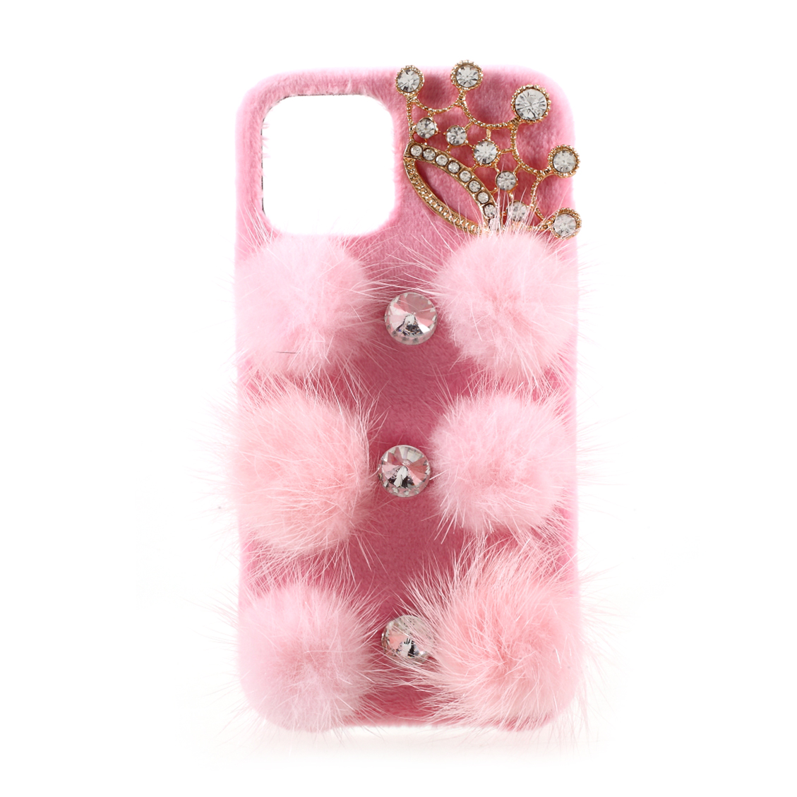 

PC Phone Case with Crown Rhinestone and Fur Balls Decor for iPhone 12 mini - Pink, iPhone 12 mini