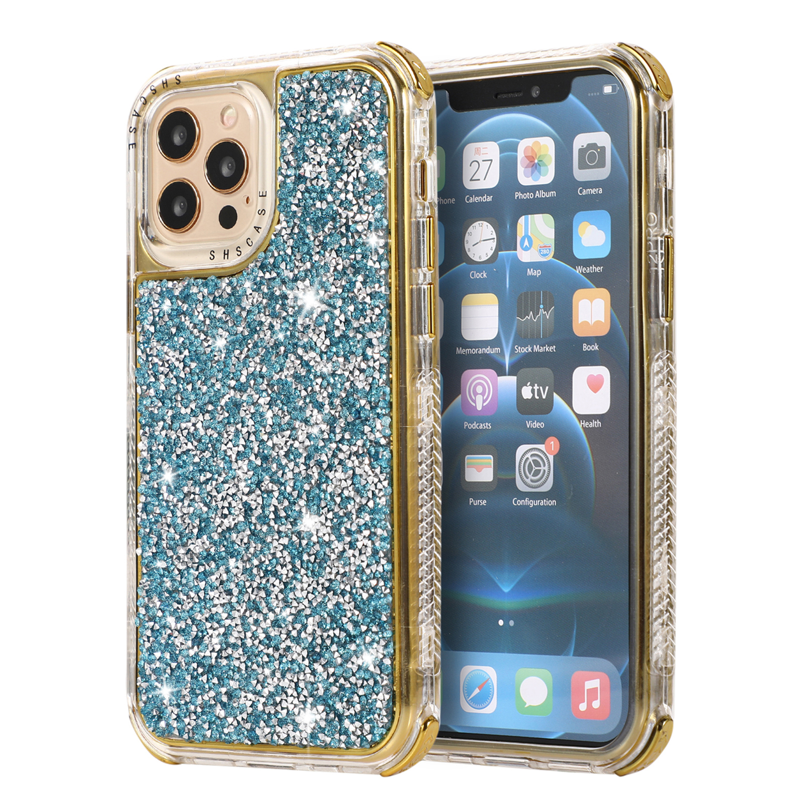 

Gleaming Rhinestone PC Back Panel + TPU Frame Phone Case for iPhone 12 Mini - Blue, iPhone 12 mini