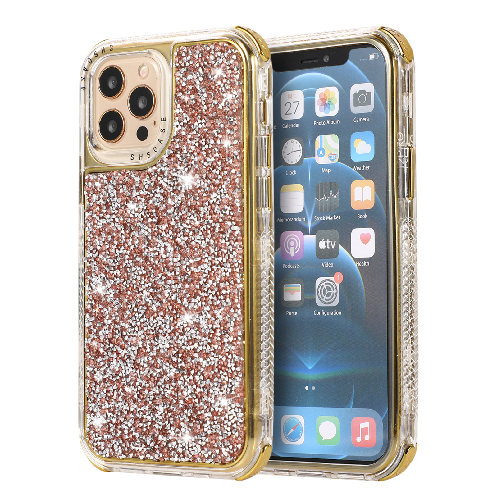 

Bleaming Rhinestone PC Задняя Панель + ТПУ Каркас Телефон Чехол Для IPhone 12 Mini - Розовый, iPhone 12 mini