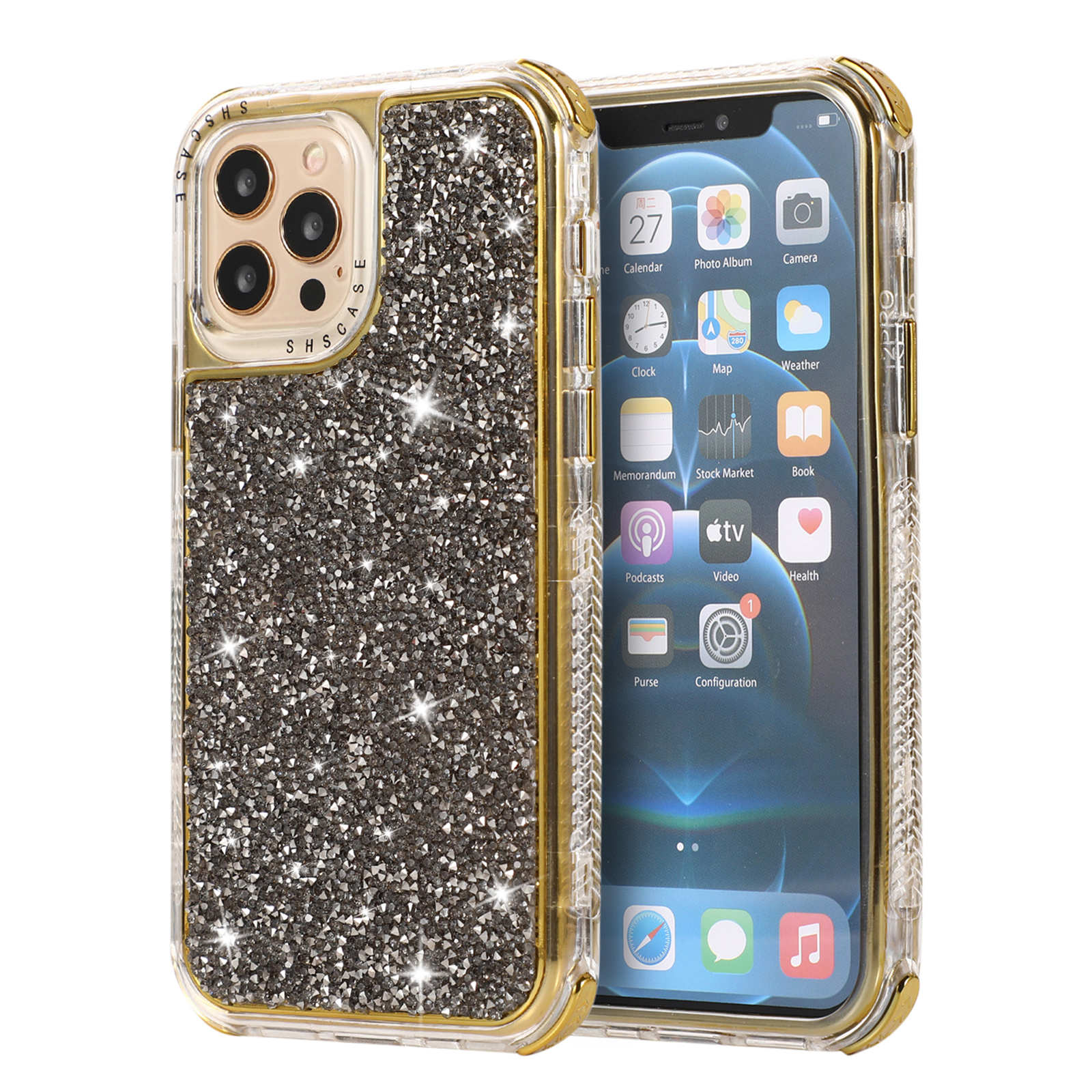 

Gleaming Rhinestone Overspred PC Back Panel + TPU Frame Phone Case for iPhone 12 Pro Max - Grey, iPhone 12 Pro Max