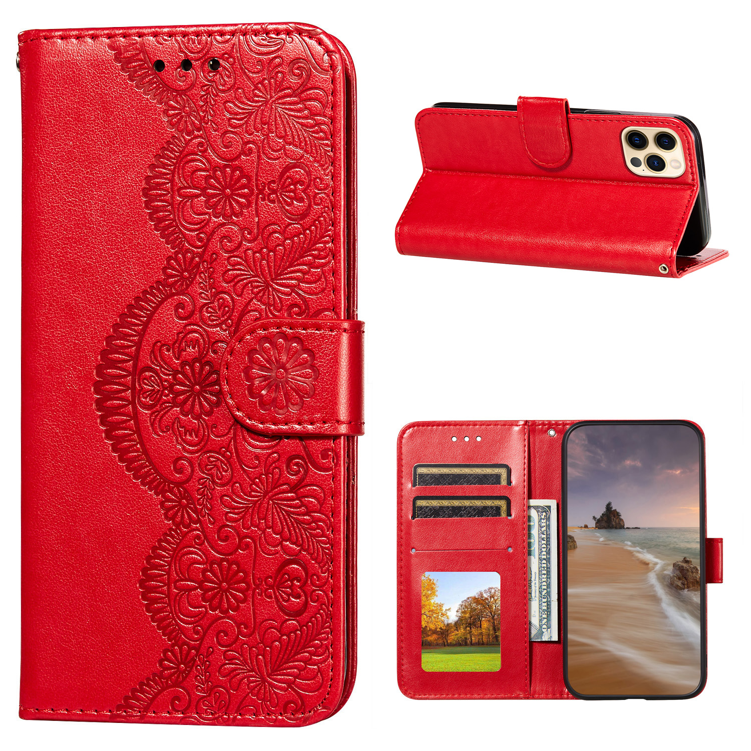 

Flower Vine Imprinted Wallet Leather Cell Phone Case with Lanyard for iPhone 12/12 Pro - Red, iPhone 12