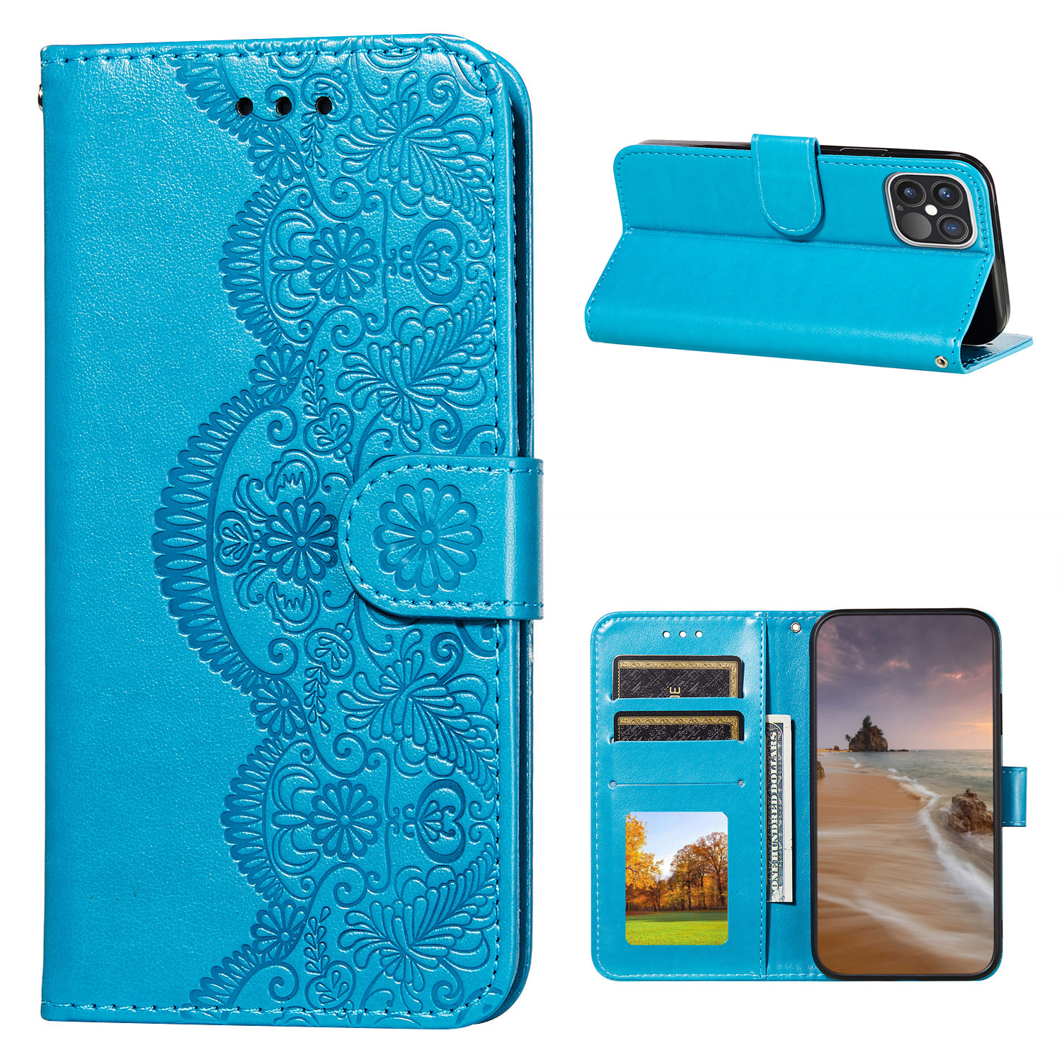 

Imprinted Flower Vine Wallet TPU + PU Leather Case with Lanyard for iPhone 12 Pro Max - Blue, iPhone 12 Pro Max