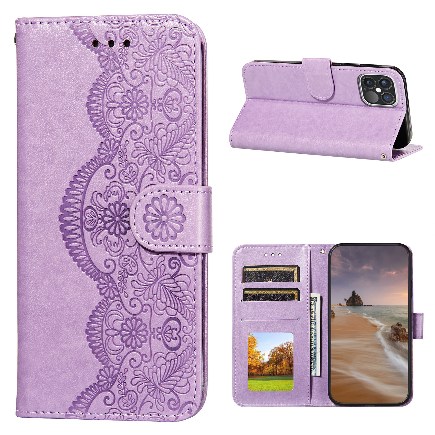 

Запечатанные Цветочные Лозы Wallet TPU + PU Кожаный Чехол С Тарелкой Для IPhone 12 Pro Max - Фиолетовый, iPhone 12 Pro Max