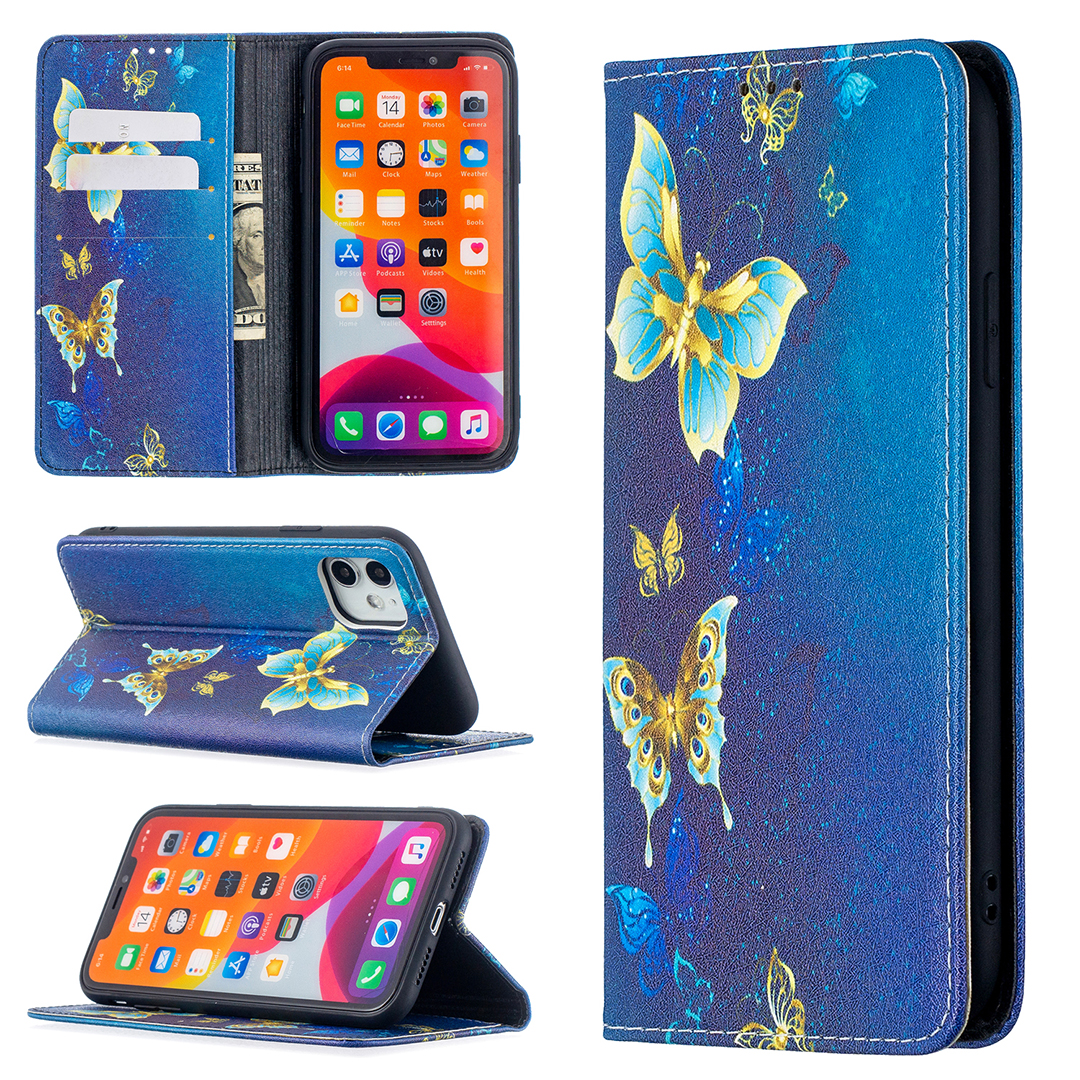 

Автопоглощенный TPU + PU Кожаный Корпус С Печатью На Рисунке Для IPhone 11 6.1 Дюйма - Золотые Бабочки, iPhone 11 6.1 inch