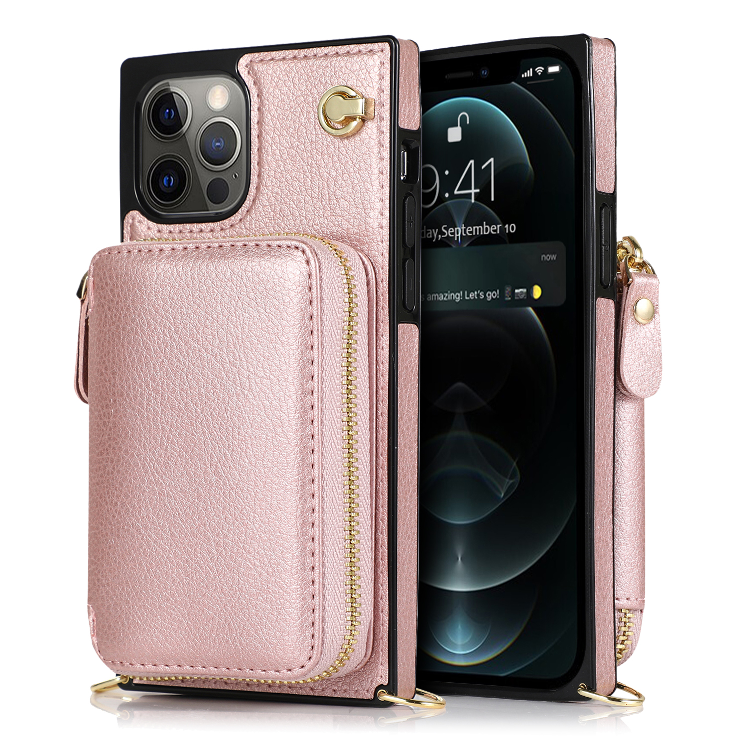 

Kickstand Leather Zipped Pocket Wallet Case Cross-body Bag for iPhone 12 Pro Max - Rose Gold, iPhone 12 Pro Max