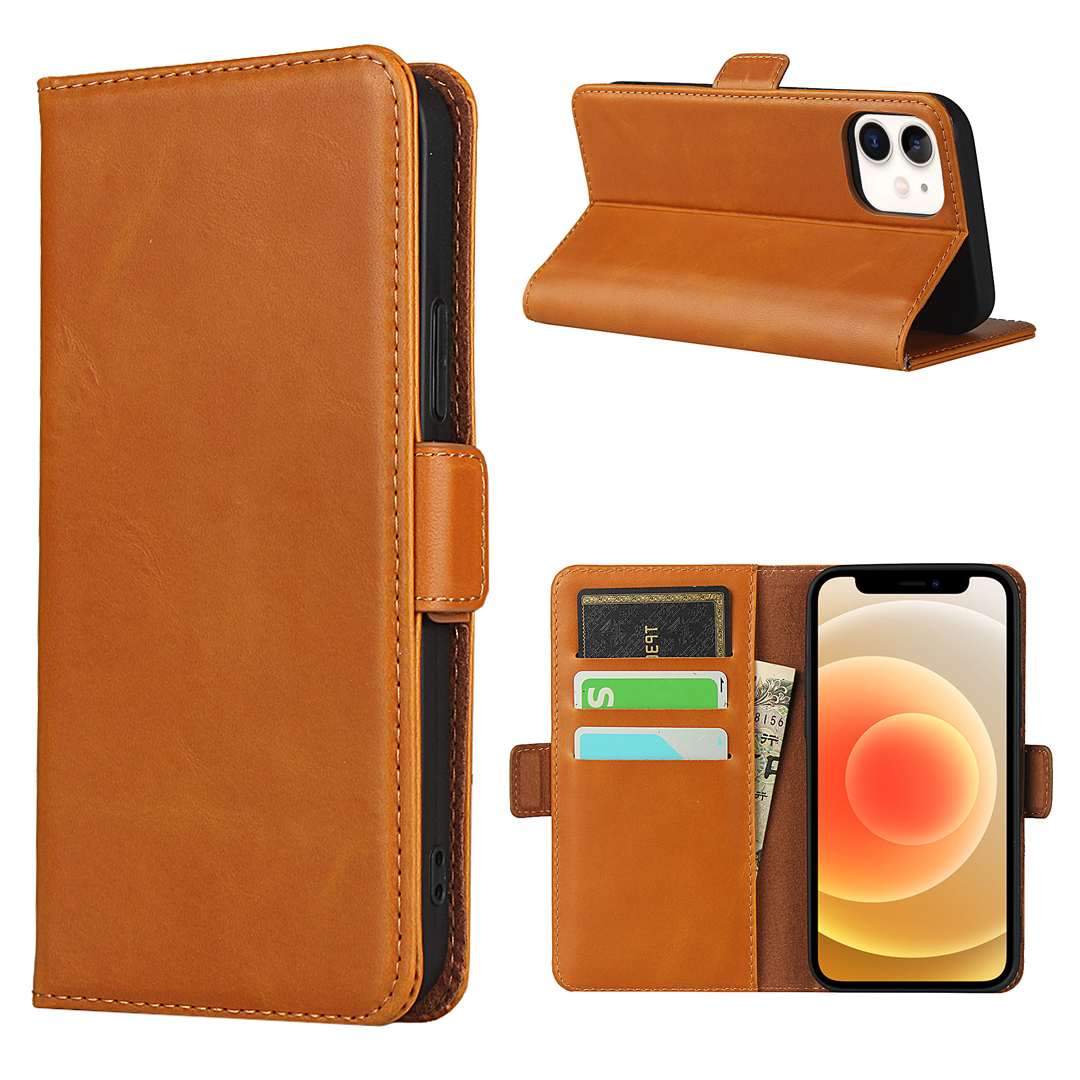 

Double Magnetic Clasp Genuine Leather Protector for iPhone 12 mini Wallet Stand Shell - Brown, iPhone 12 mini