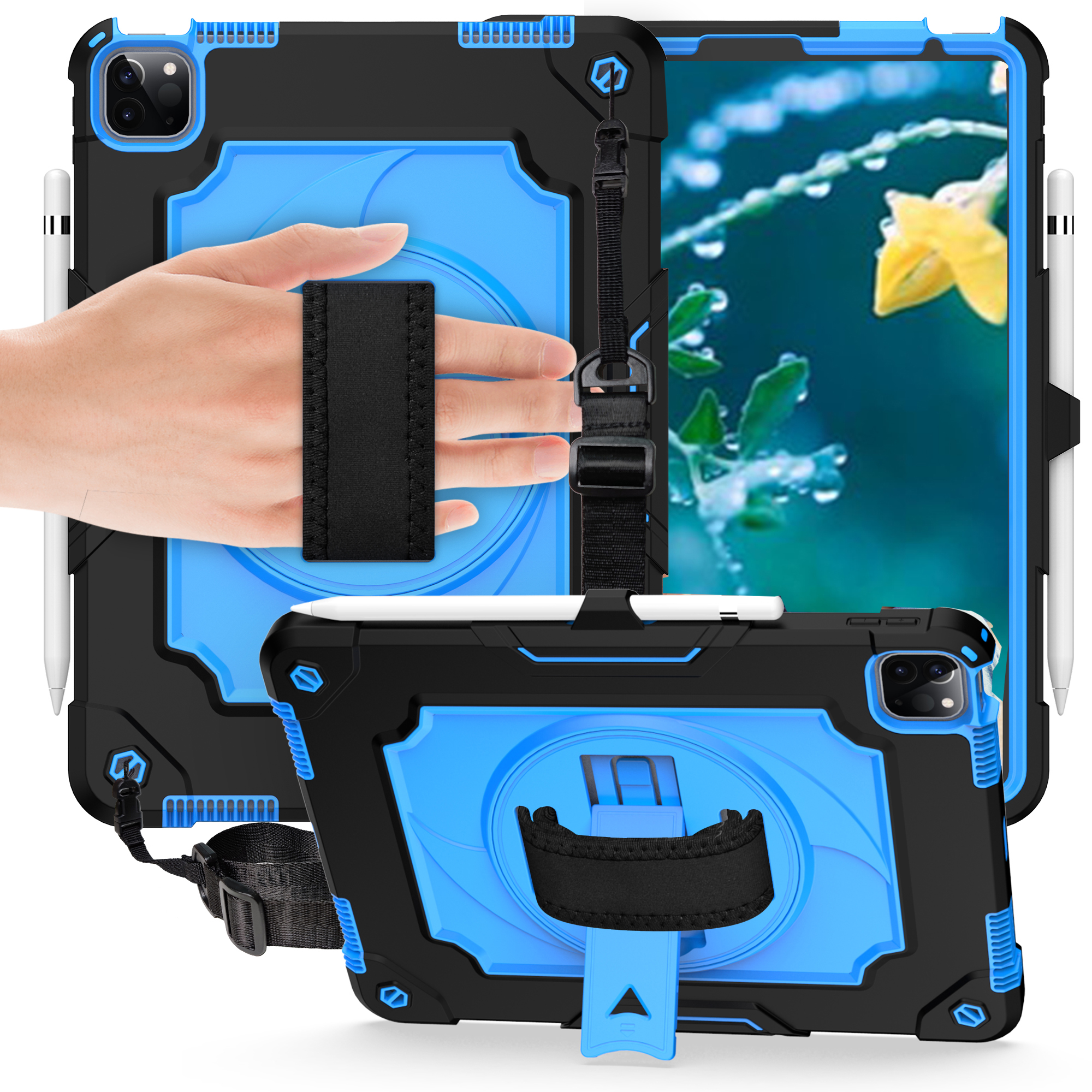 

PC + Silicone Tablet Protective Case with 360° Swivel Hand Strap for iPad Air (2020)/Air (2022)/iPad Pro 11-inch (2021)(2020)(2018) - Black/Blue, iPad Pro 11-inch (2021)