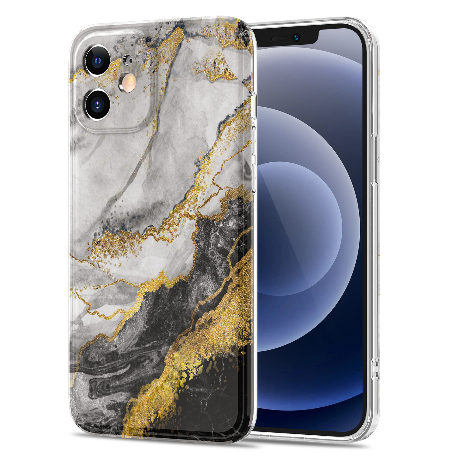 

Для IPhone 12 Точная Вырезанная Позолота Мраморный Рисунок Печати Дизайн TPU Телефон Защитная Крышка - Чернить / Белый, iPhone 12