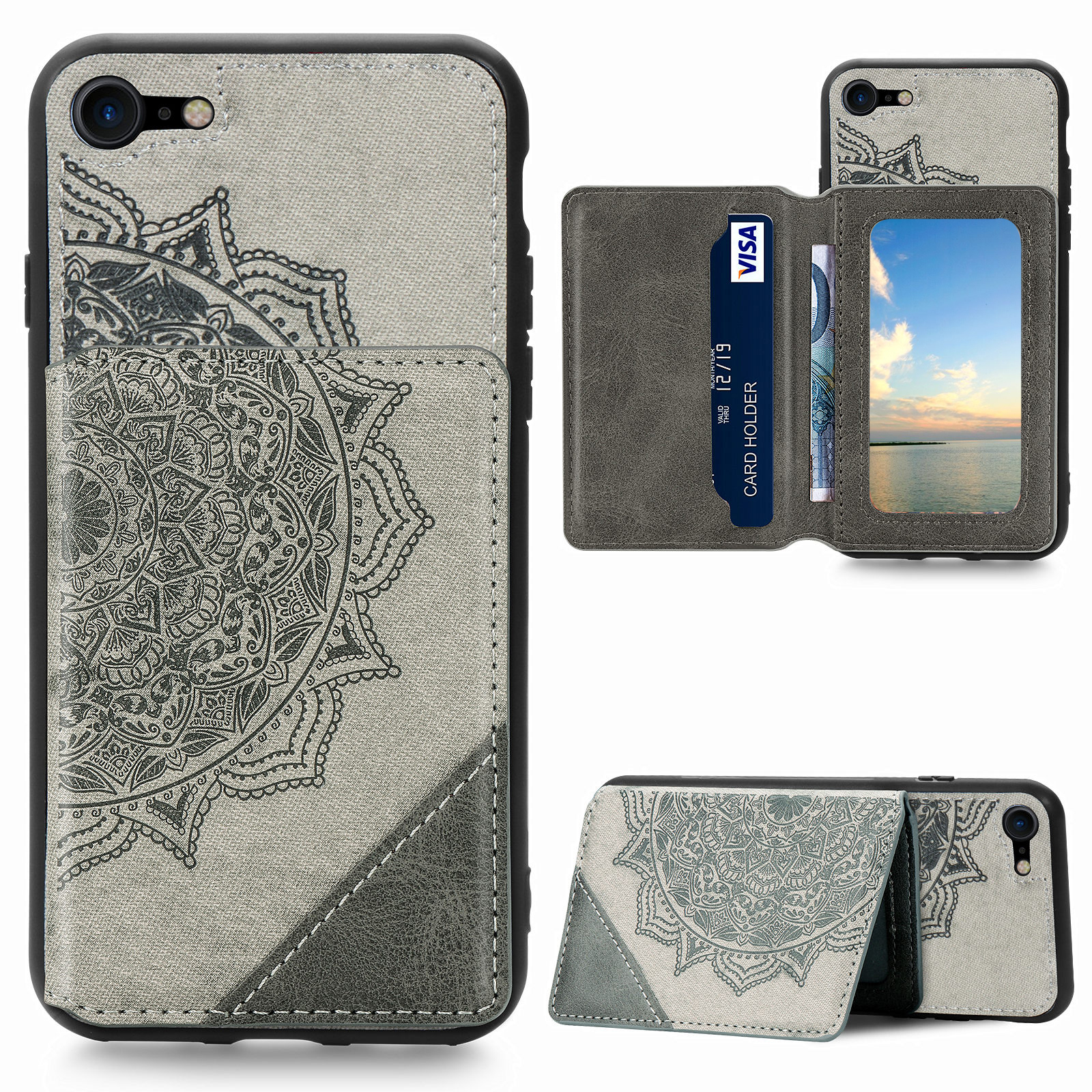 

Мандала Цветочный Рисунок PU Кожа+tpu Flip Wallet Case Для Iphone SE (2 -е Поколение) / 8 / 7 - Серый, iPhone SE (2022)