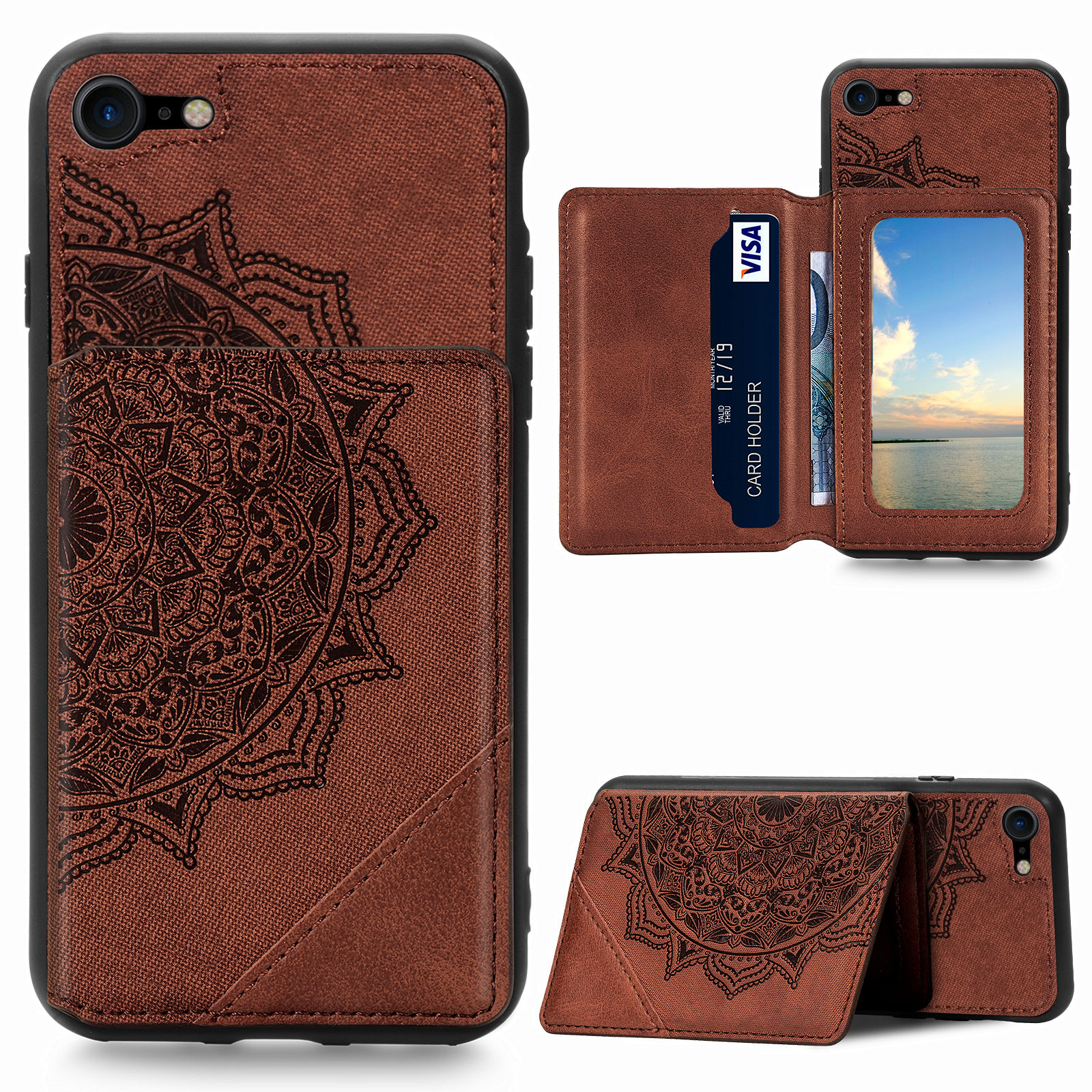 

Mandala Flower Pattern PU Leather+TPU Flip Wallet Phone Case for iPhone SE (2020)/SE (2022) / 8 / 7 - Brown, iPhone SE (2022)