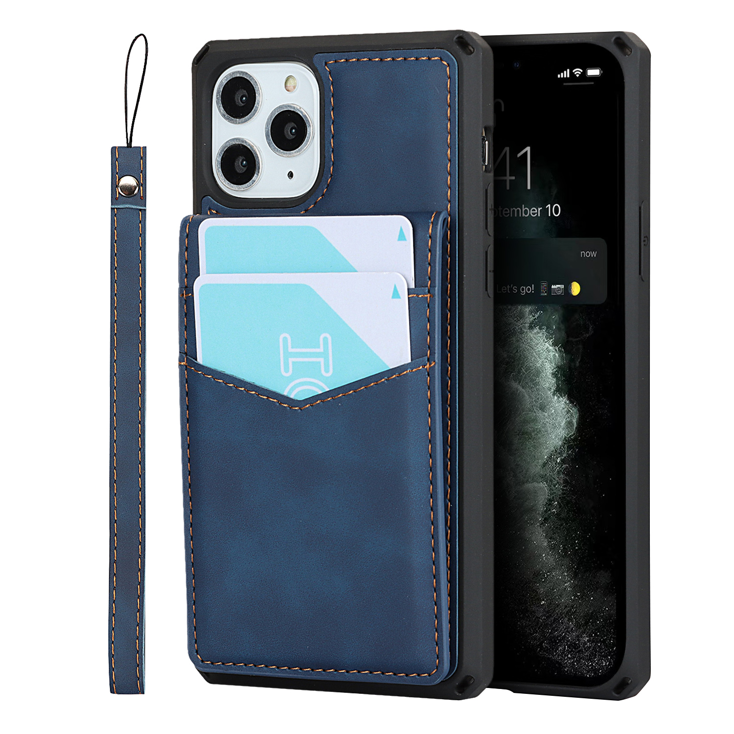 

Skin-Touch PU Leather Coated TPU Kickstand Card Slot Design Phone Case with Strap for iPhone 11 Pro Max 6.5-inch - Blue, iPhone 11 Pro Max 6.5 inch