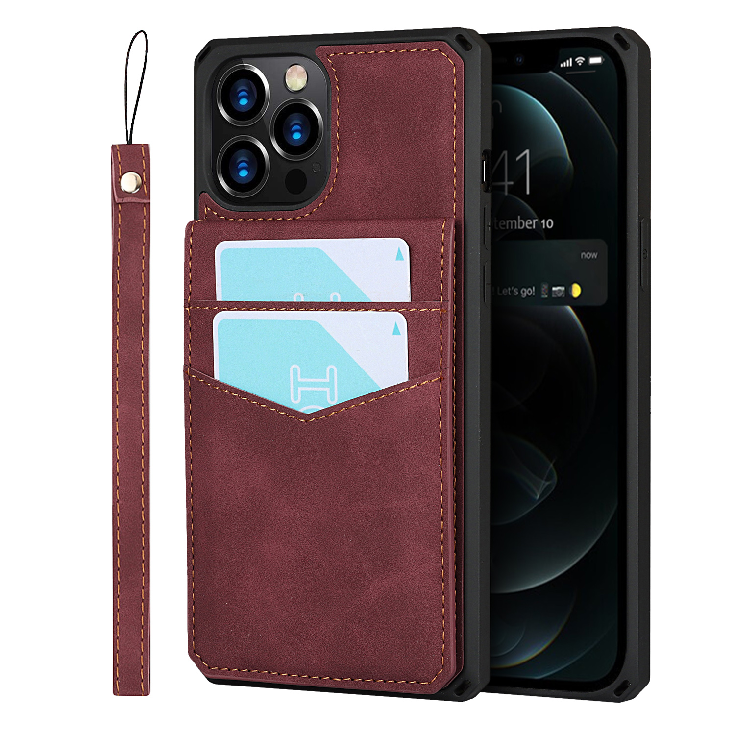 

Skin-Touch PU Leather Coated TPU Kickstand Card Slot Design Phone Case with Strap for iPhone 12 Pro Max - Red, iPhone 12 Pro Max