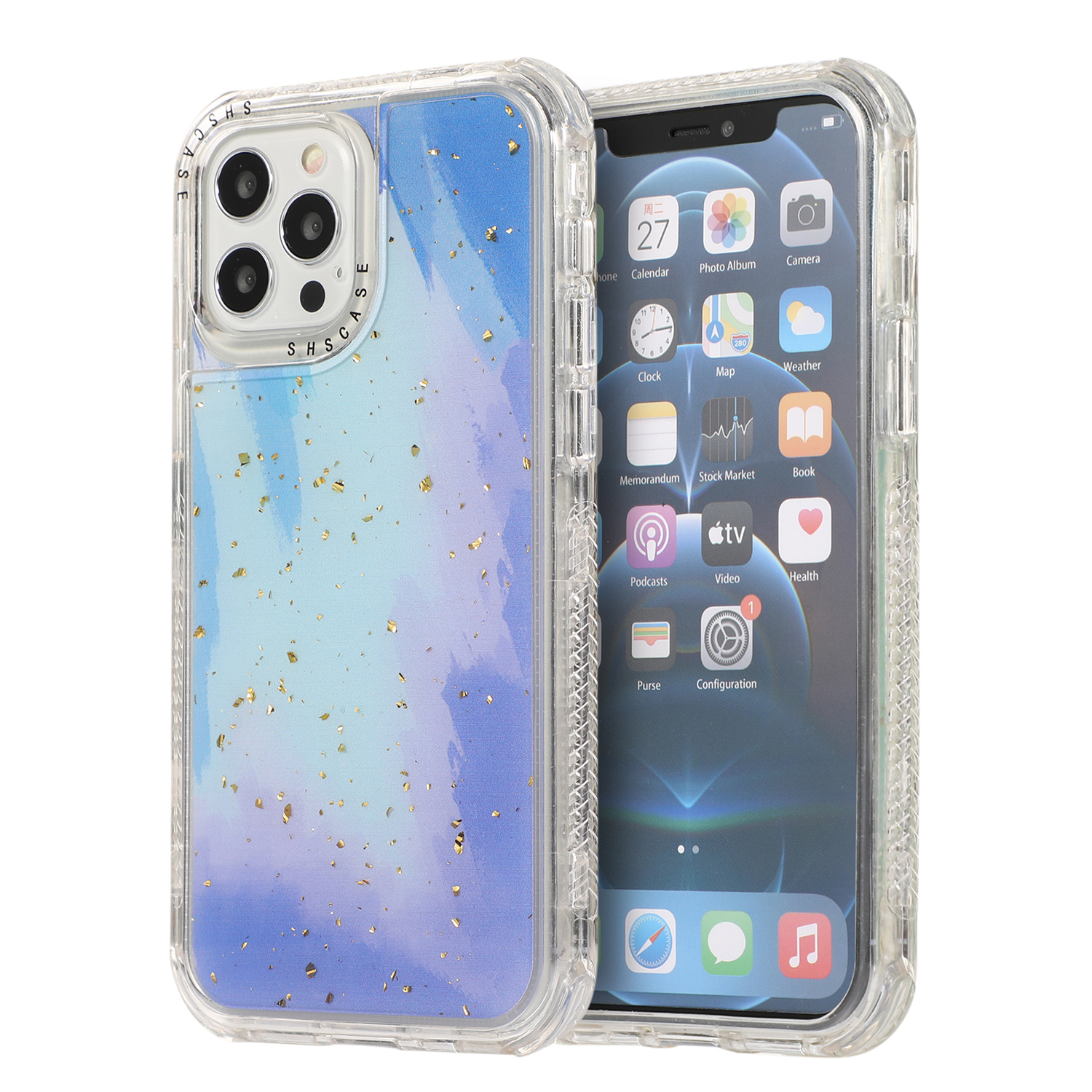 

Dreamland Watercolor PC + TPU Hybrid Shell Case with Goldleaf Decor for iPhone 12 Pro Max - Sky Blue, iPhone 12 Pro Max
