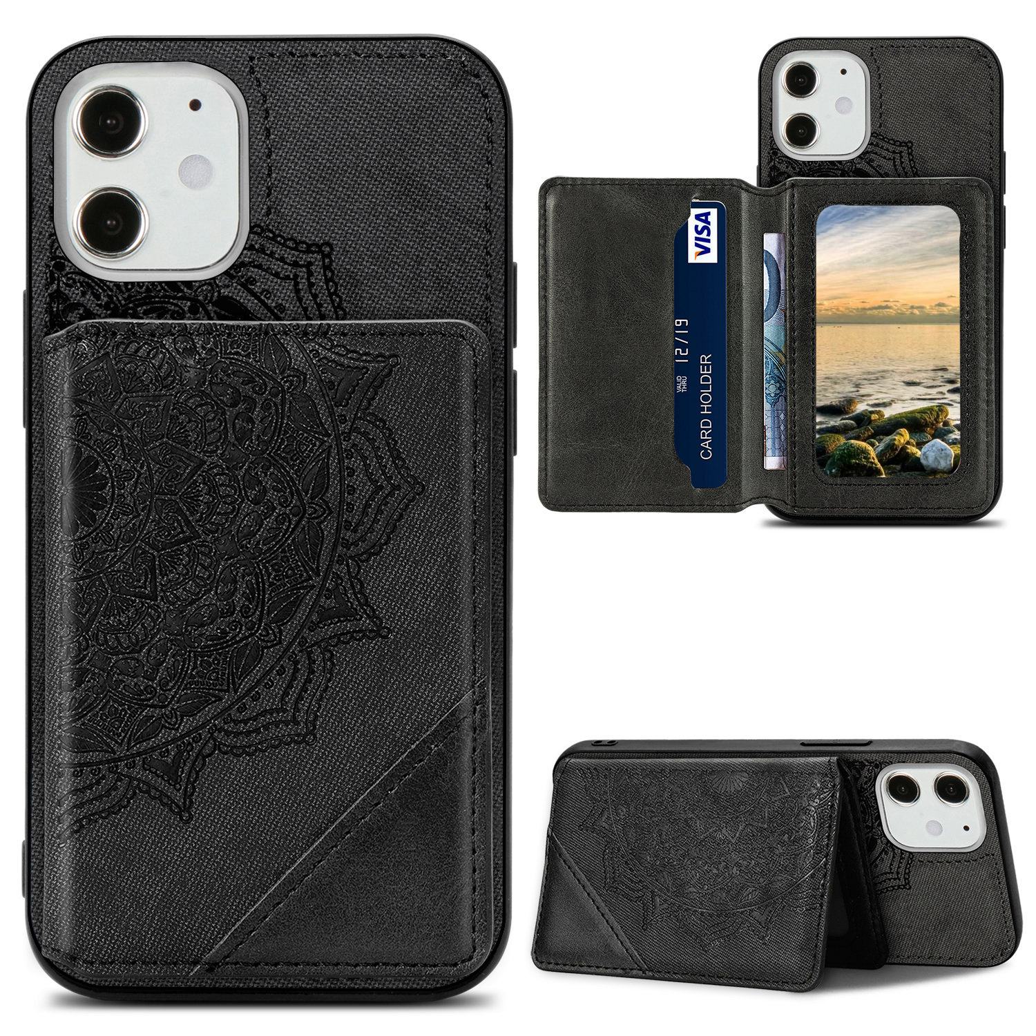 

Mandala Flower Pattern PU Leather+TPU Kickstand Wallet Phone Case for iPhone 12 mini 5.4 inch - Black, iPhone 12 mini