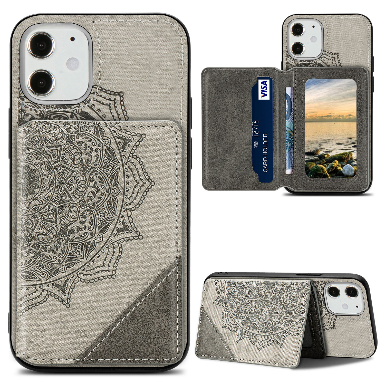 

Mandala Flower Pattern PU Leather+TPU Kickstand Wallet Phone Case for iPhone 12 mini 5.4 inch - Grey, iPhone 12 mini