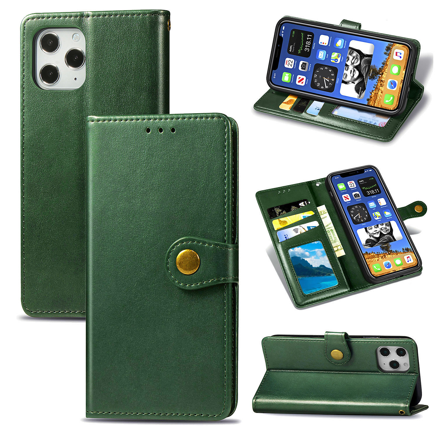 

Solid Color Wallet Stand Leather Phone Case for iPhone 12 Pro Max Round Buckle Design Shell - Blackish Green, iPhone 12 Pro Max