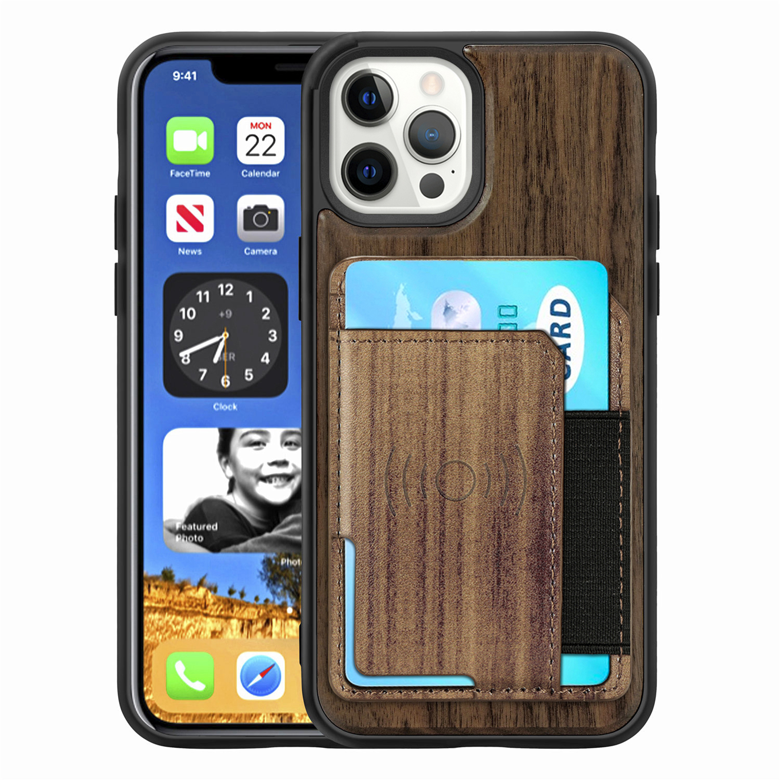 

Magnetic Suction Wooden Texture PU Leather+TPU Phone Cover with Card Holder for iPhone 12/12 Pro - Palisander, iPhone 12