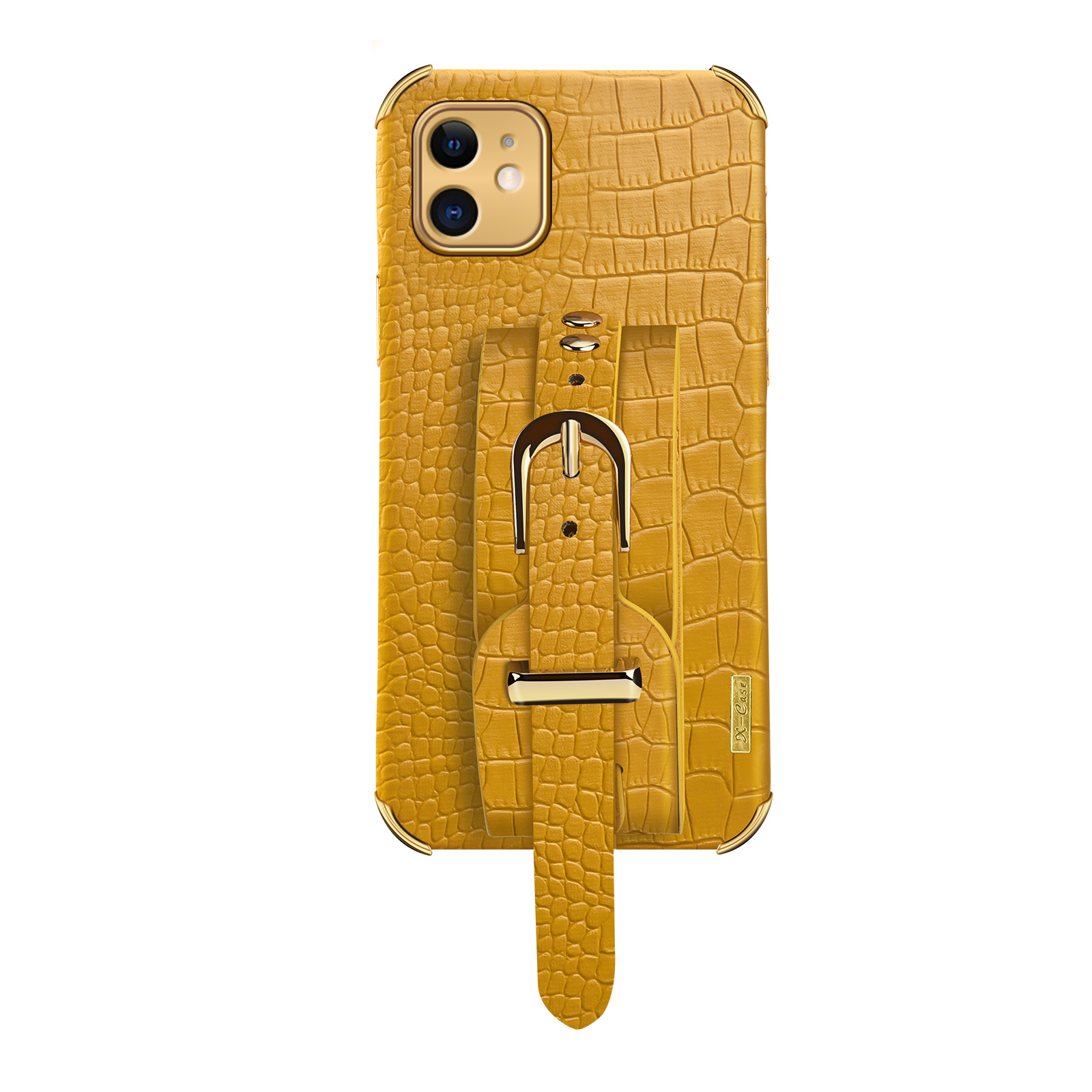 

6D Electroplated Crocodile Texture Wrist Strap PU Leather Coated TPU Phone Case for iPhone 12 mini 5.4 inch - Yellow, iPhone 12 mini