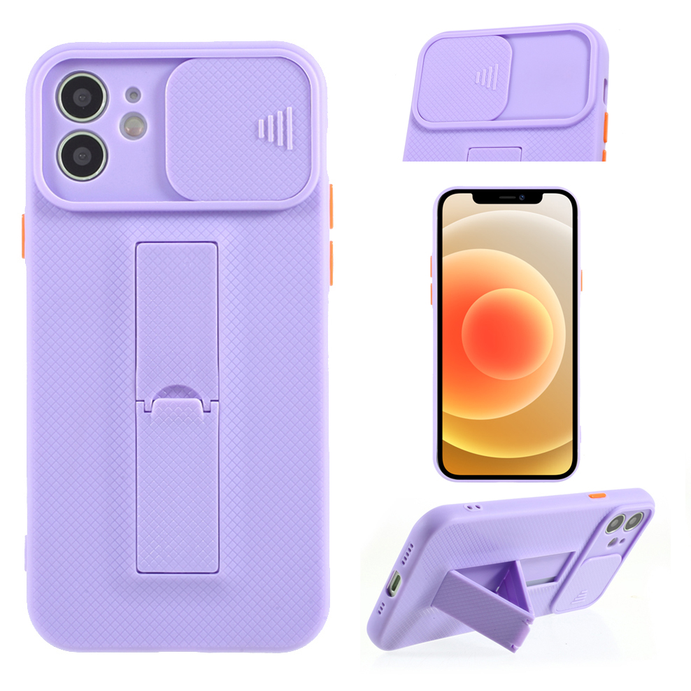 

Kickstand Design Hard PC + TPU Phone Case with Slide Camera Cover for iPhone 12 mini - Purple, iPhone 12 mini