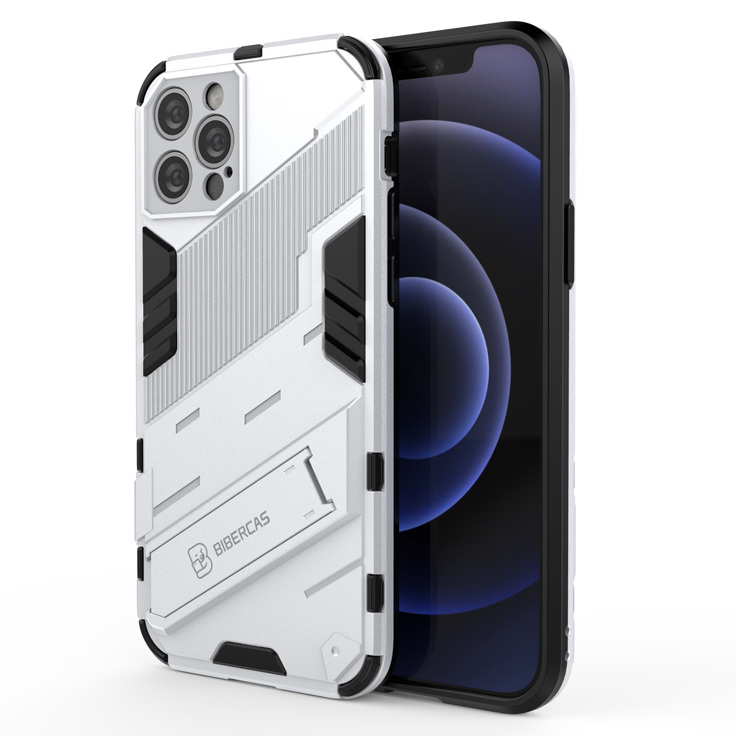 

PC + TPU Hybrid Phone Case Back Cover Protector with Kickstand for iPhone 12 Pro Max - White, iPhone 12 Pro Max