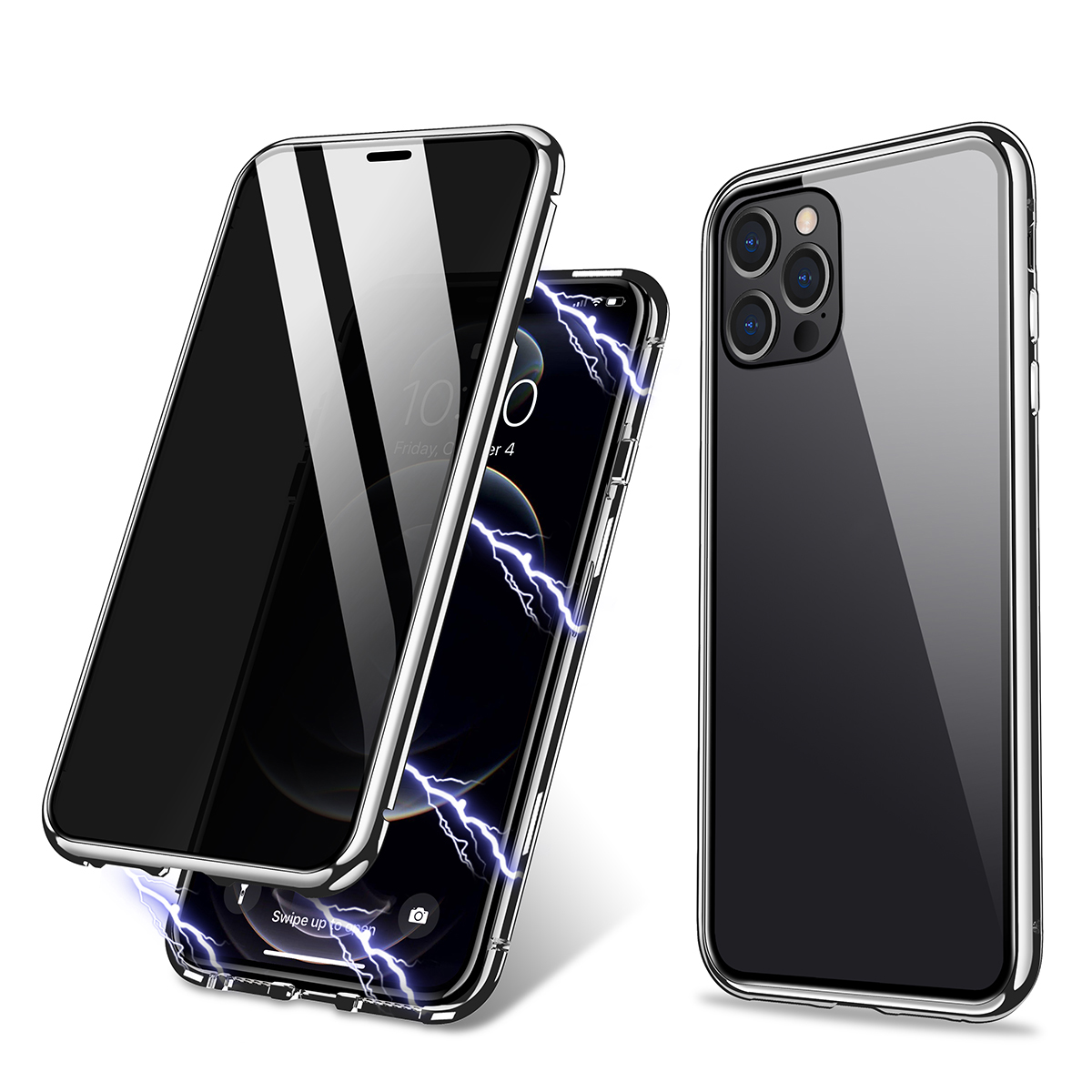 

R-JUST Magnetic Suction Plain Aluminium Alloy Frame Anti-peep Phone Cover Case for iPhone 12 mini - Silver, iPhone 12 mini