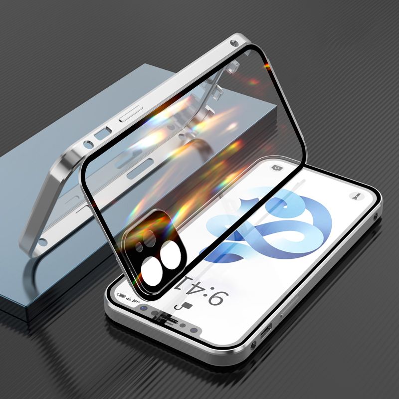 

Precision Hole Double-sided Tempered Glass Double Buckle with Full Cover Camera Protective Phone Case for iPhone 12 - Silver, iPhone 12