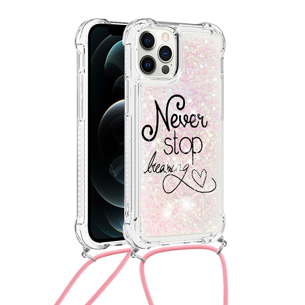 

Pattern Partced Quicksand Bletitter Sequins TPU Телефон Чехол Протектор С Ремешком Для IPhone 12 Pro Max - Английские Буквы, iPhone 12 Pro Max