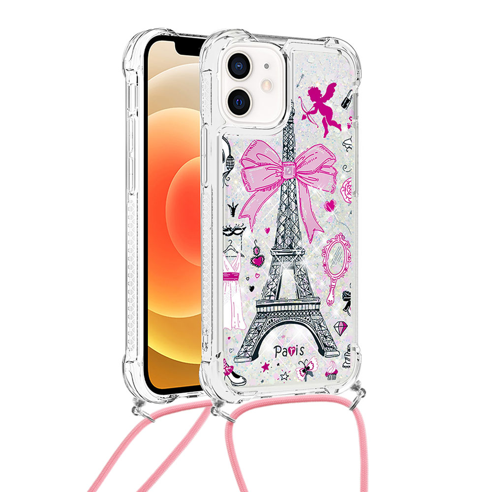 

Pattern Printed Quicksand Glitter Sequins TPU Phone Case Protector with Strap for iPhone 12 mini - Tower, iPhone 12 mini
