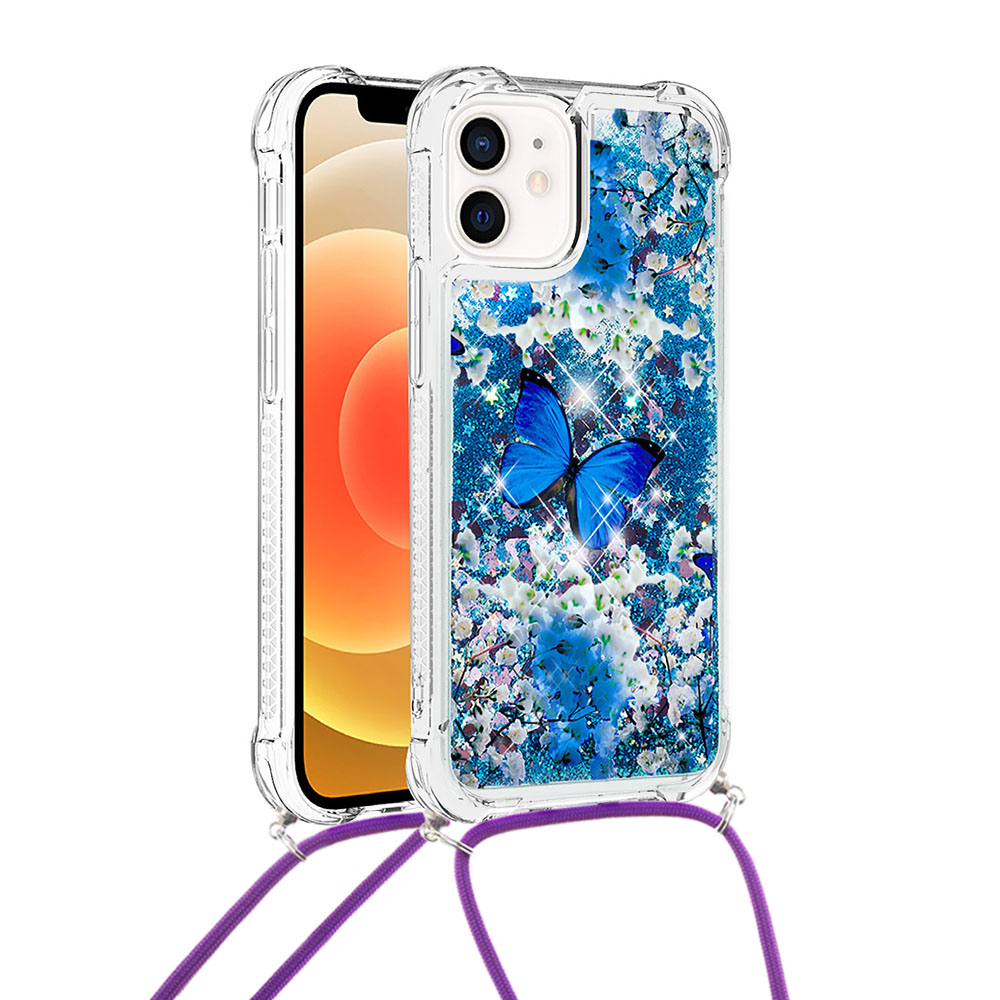 

Узор Напечатанный Quicksand Blitter Sequins TPU Телефон Чехол Протектор С Ремешком Для IPhone 12 Mini - Синяя Бабочка, iPhone 12 mini