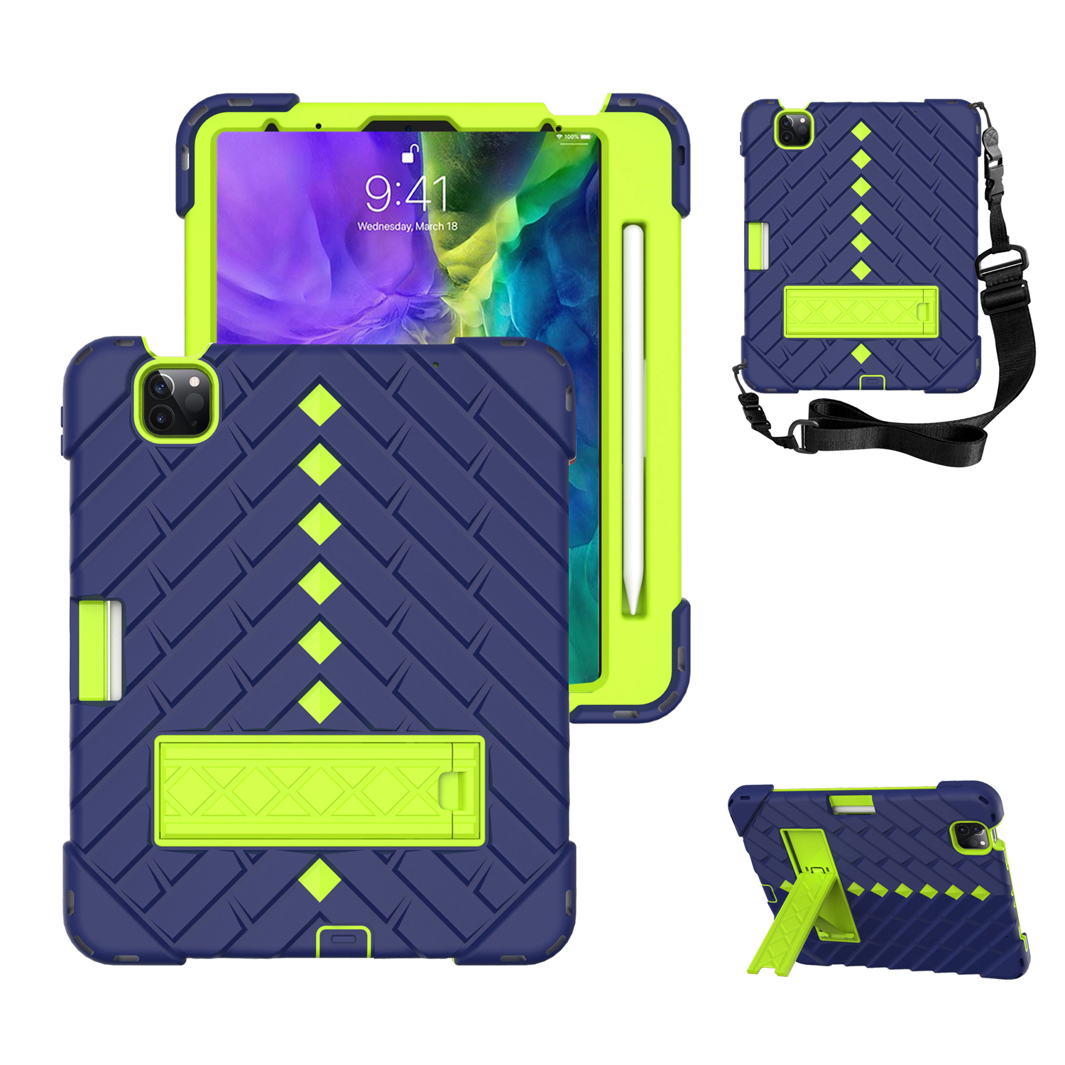 

Rombus Design PC + TPU Гибридный Корпус Планшетов с Kickstand и Lanyard Для Ipad Pro 11-дюймовый (2018)/(2020)/(2021) - Темно -синий/желтый Зеленый
