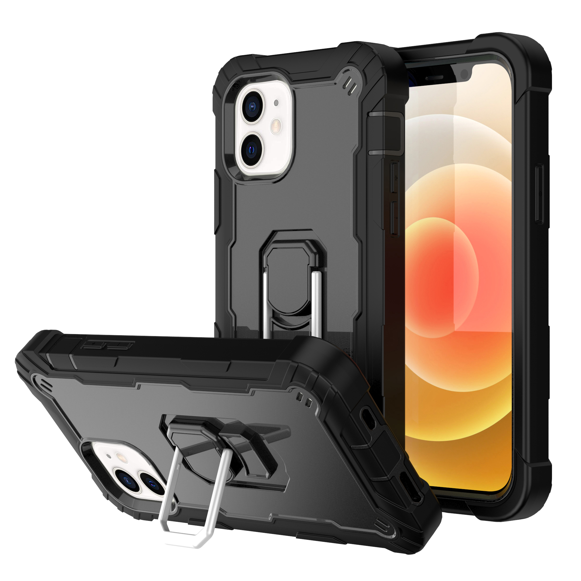 

PC + TPU Hybrid All-Round Protection Phone Shell with Kickstand Design for iPhone 12 mini - Black/Black, iPhone 12 mini