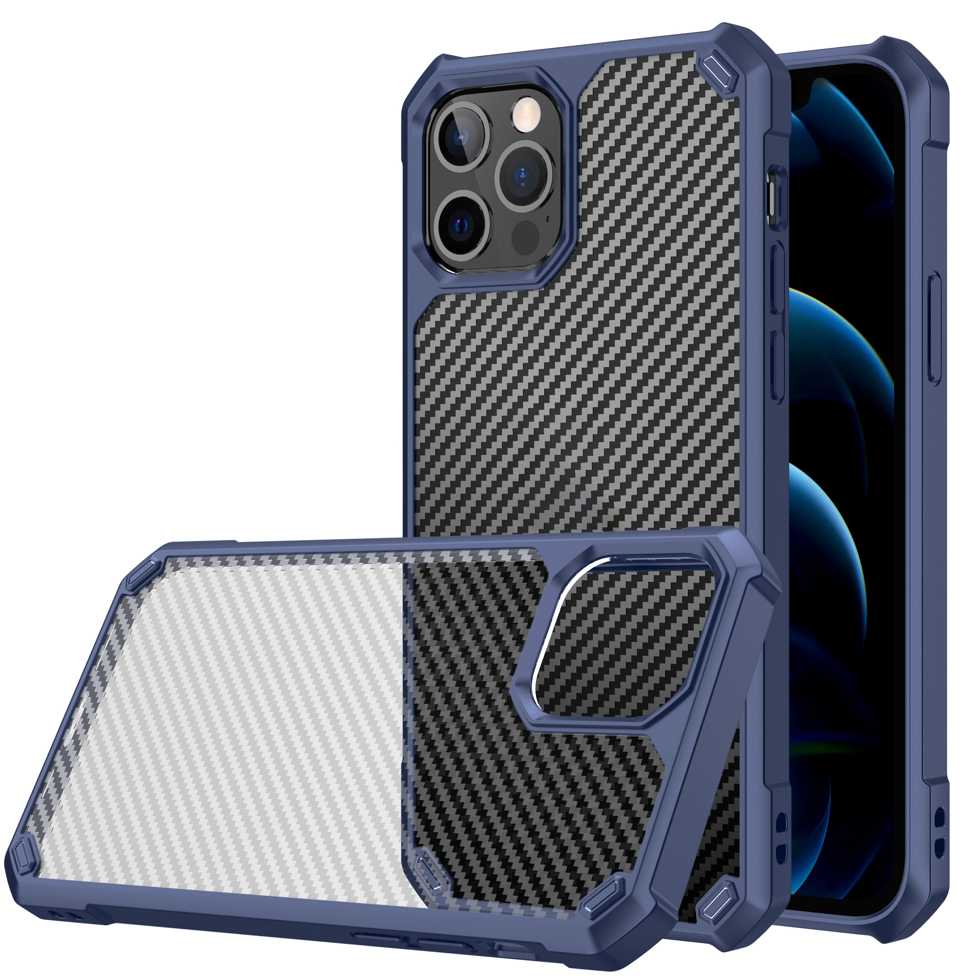 

Carbon Fiber TPU Acrylic Cell Phone Protective Case for iPhone 12 Pro Max - Blue, iPhone 12 Pro Max